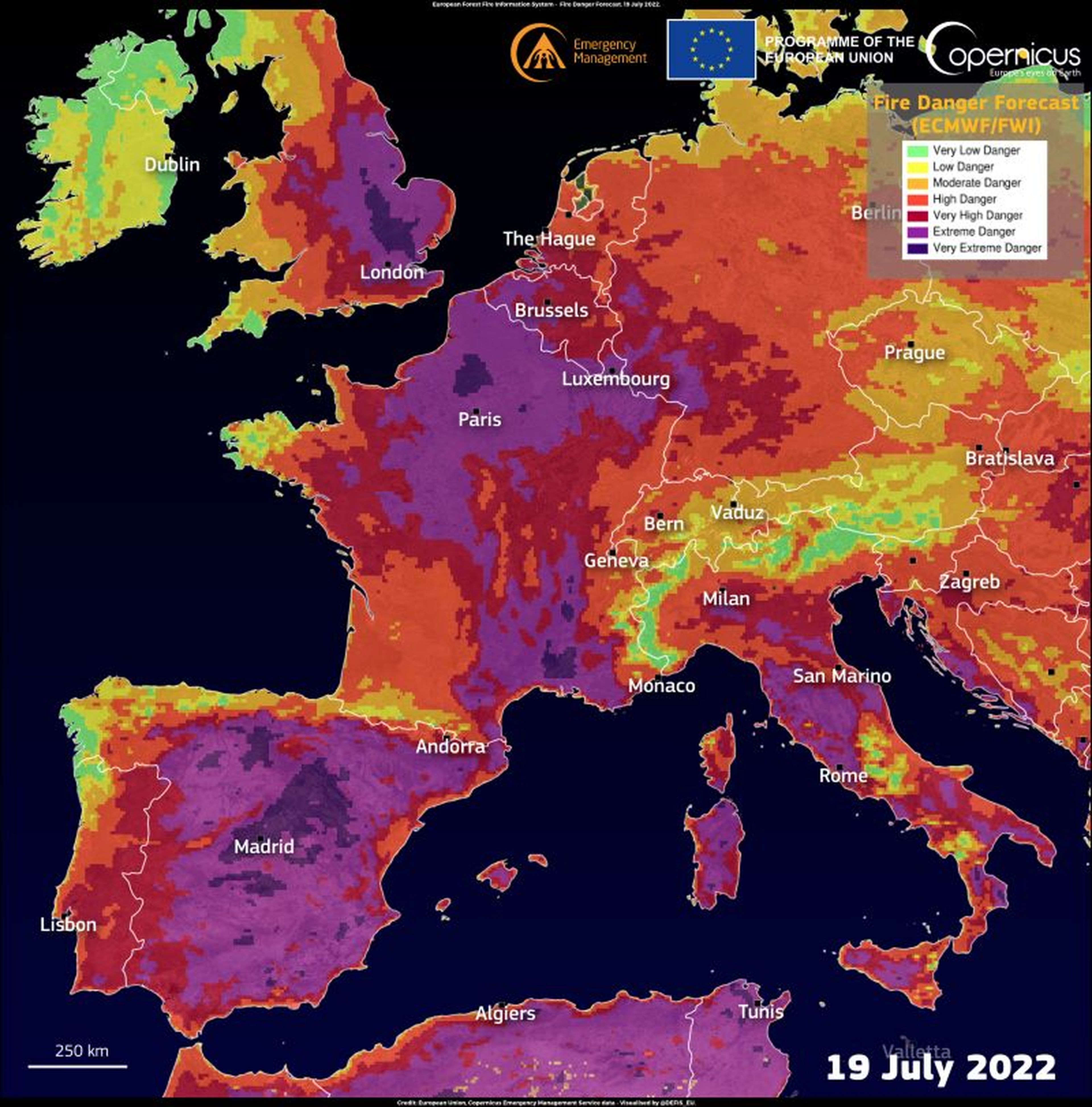 Elevadísimo riesgo de incendio en la Unión Europea el 19 de julio de 2022.