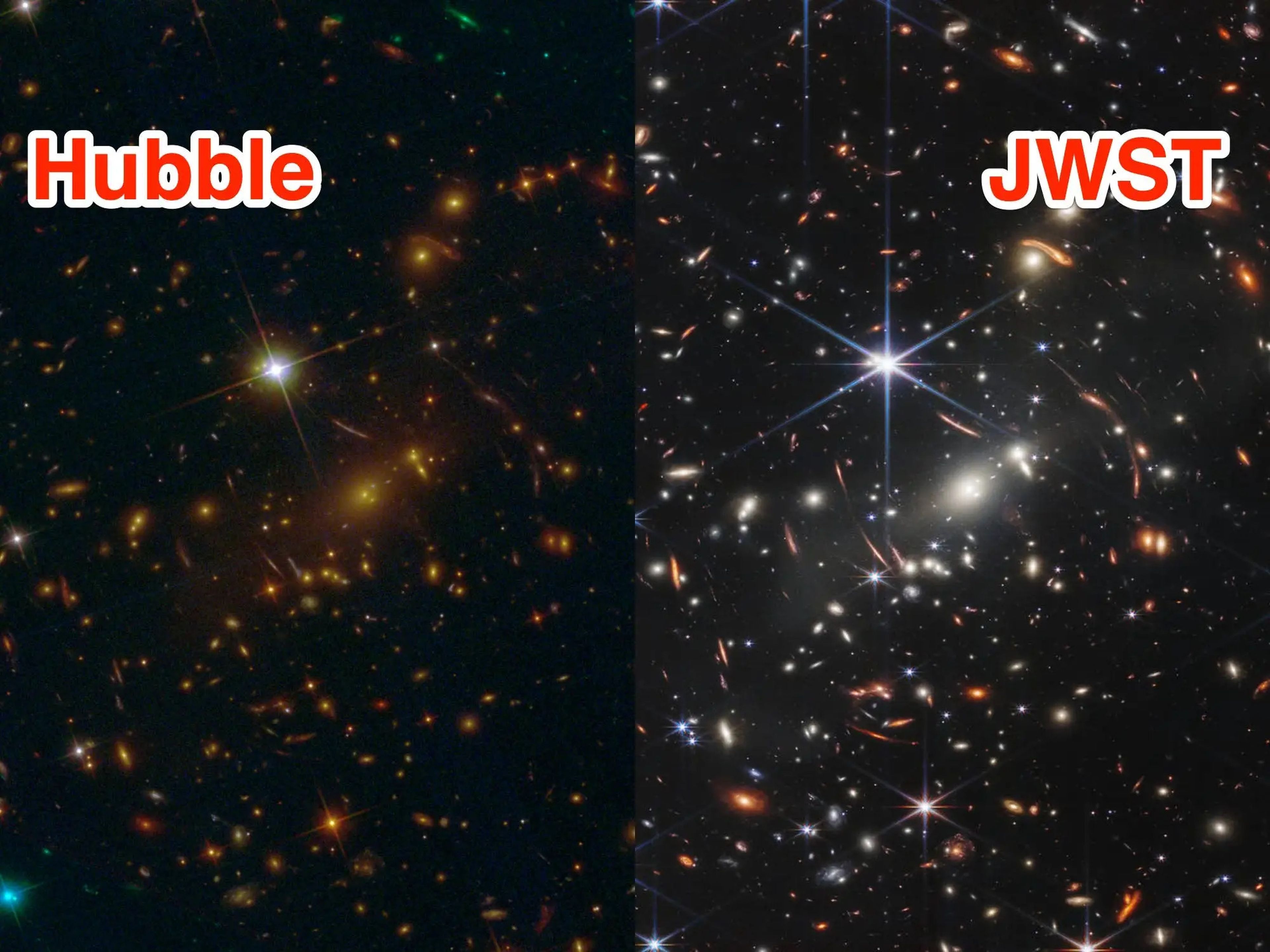 Comparación de la misma fotografía tomada por el Hubble, a la izquierda, y el JWST, a la derecha.