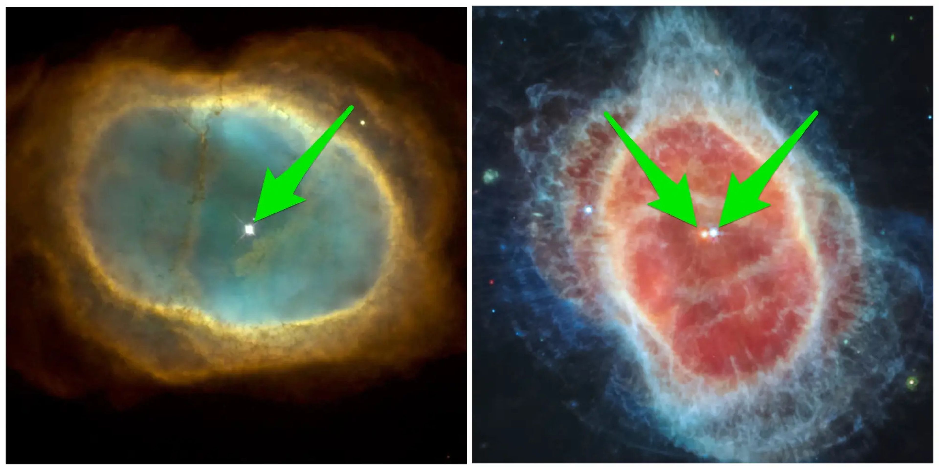 La imagen del Hubble de la Nebulosa del Anillo Sur (izquierda) tiene solo una luz en el centro, mientras que JWST (derecha) muestra claramente 2 estrellas.