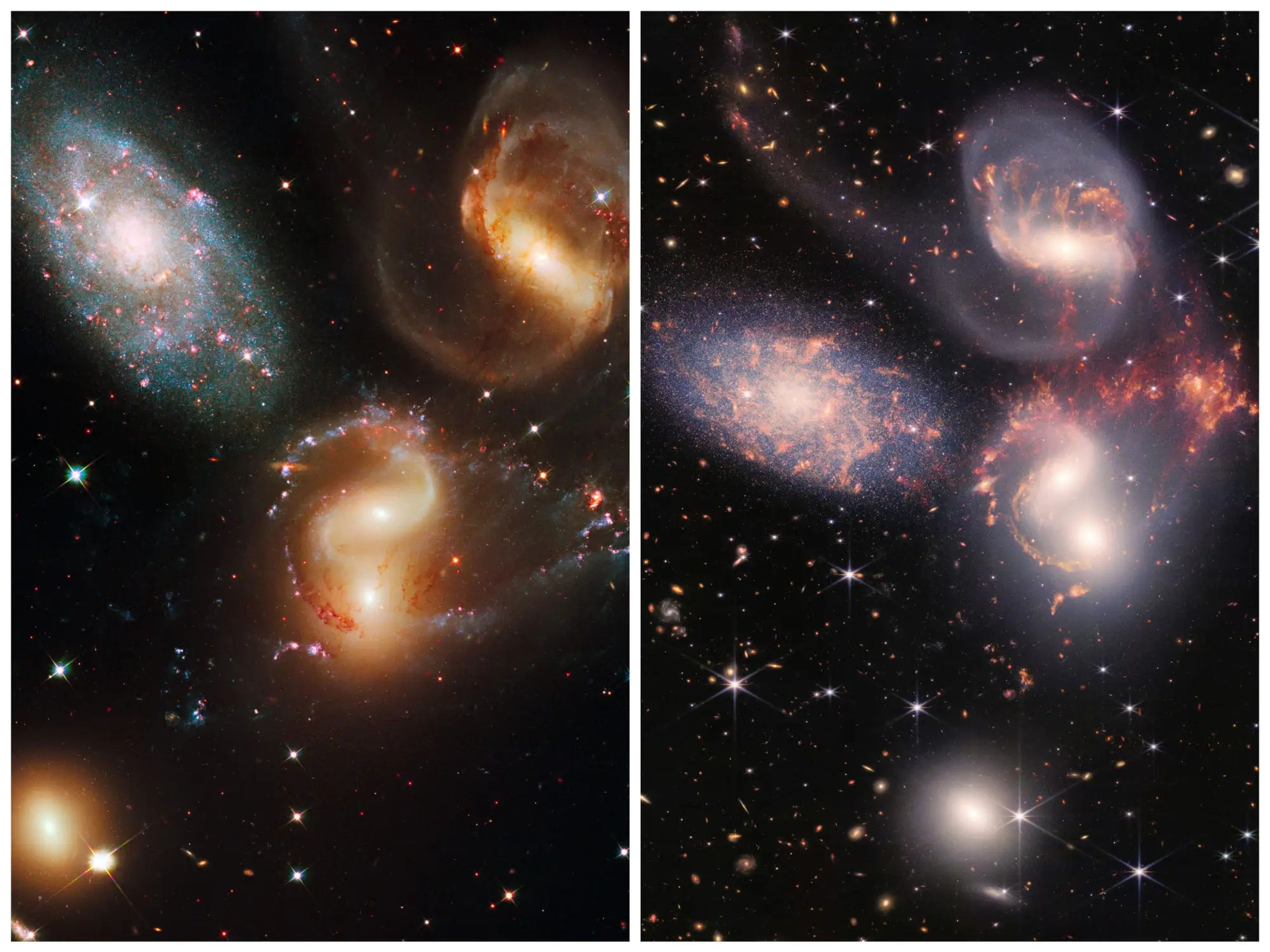 El Quinteto de Stpehan, fotografiado por Hubble (izquierda) y JWST (derecha).