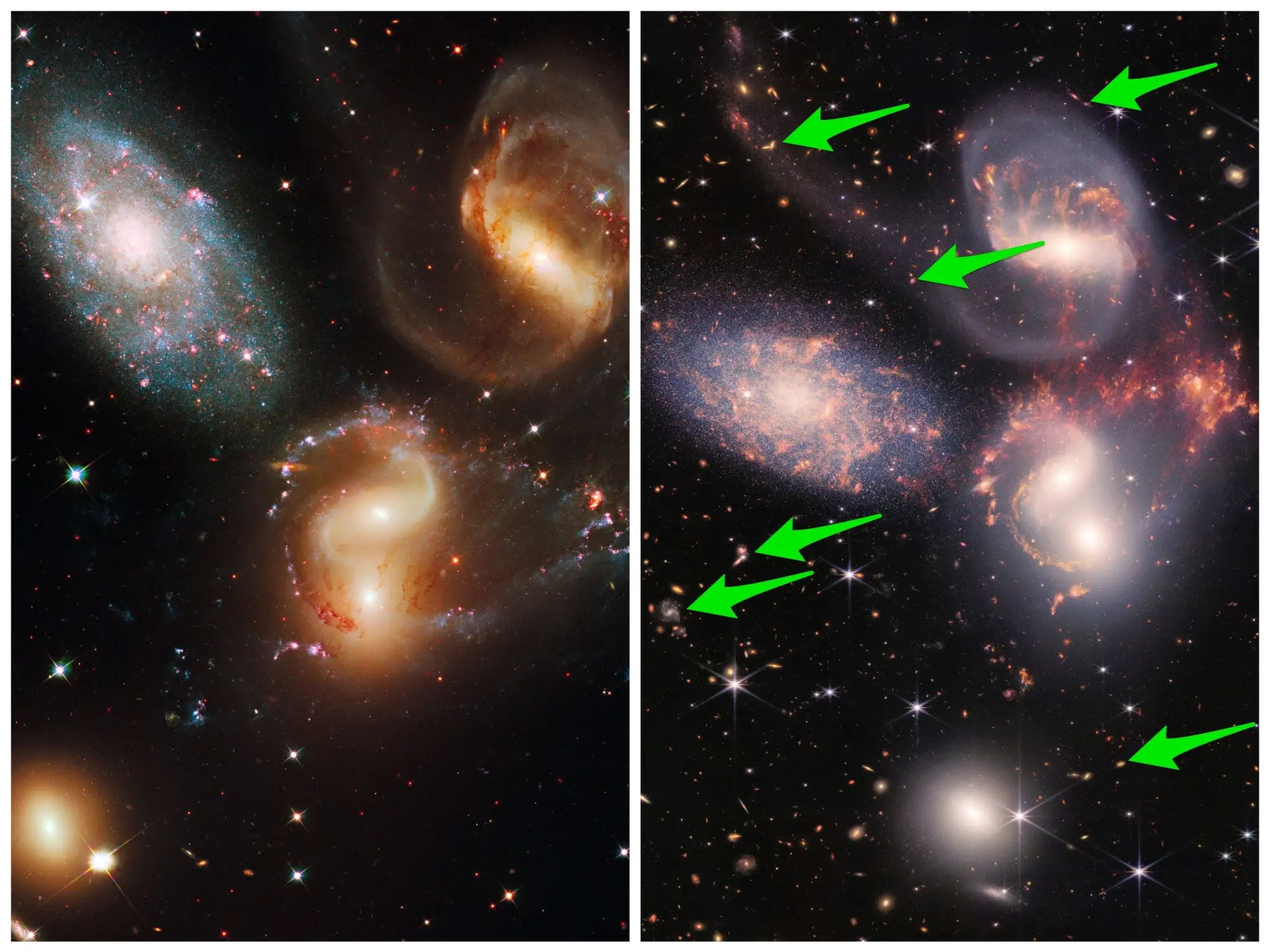 Algunas galaxias que son claramente visibles en la imagen del JWST, pero no en la imagen del Hubble.