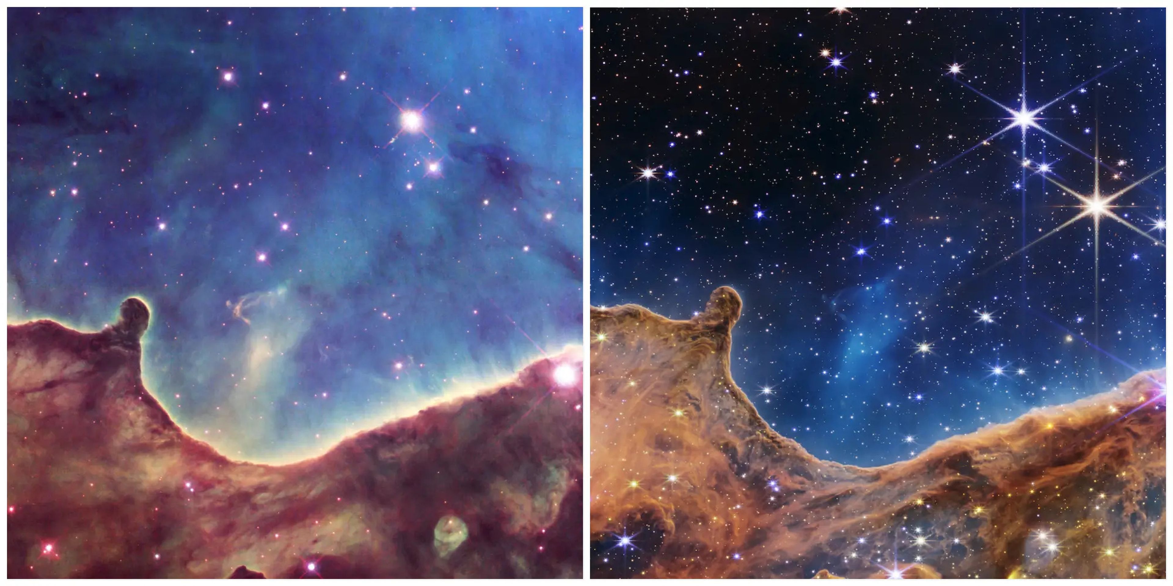Una porción de la Nebulosa Carina, fotografiada por Hubble (izquierda) y el JWST (derecha).
