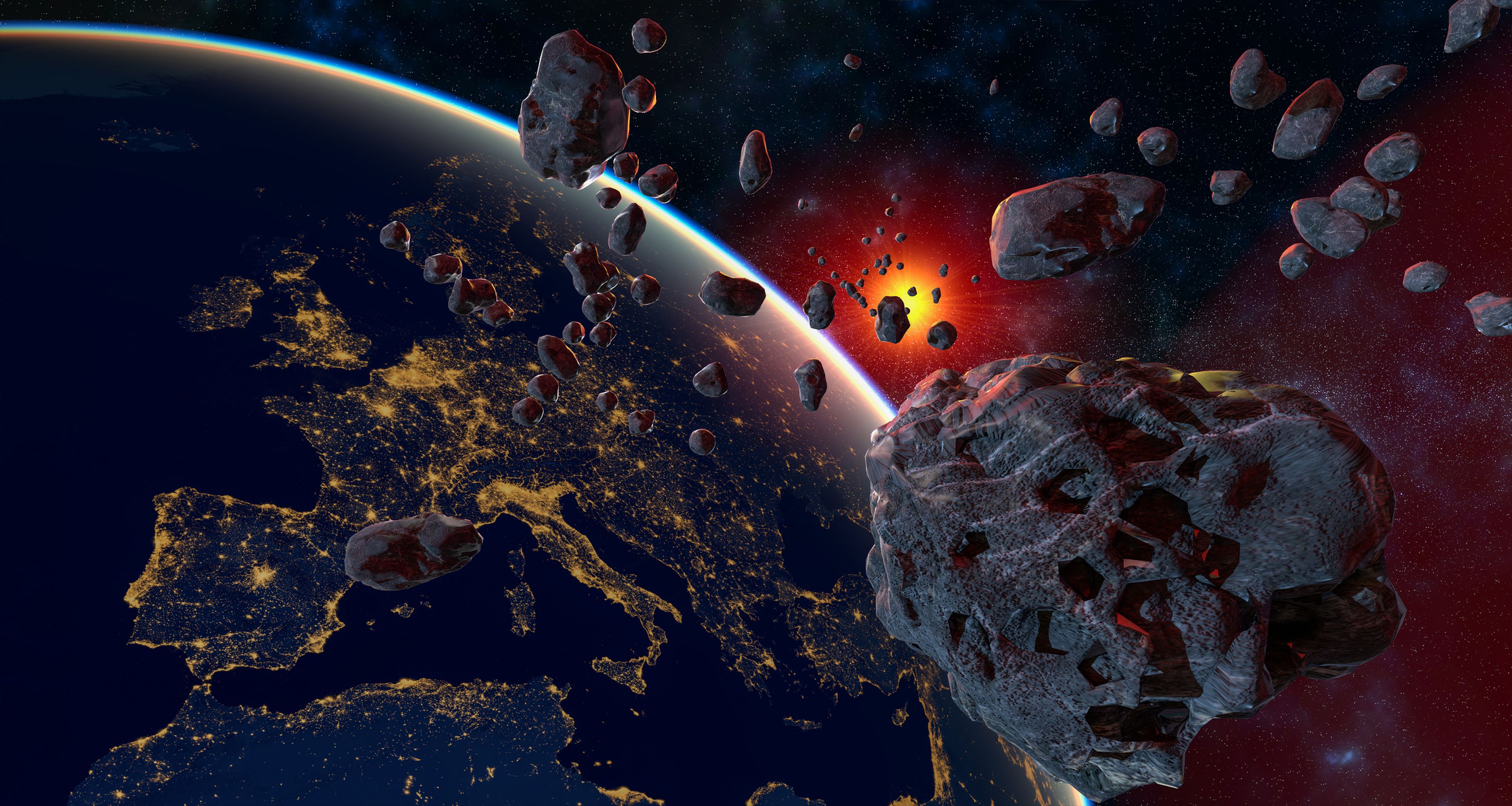Asteroide y enjambre de meteoritos volando hacia la Tierra