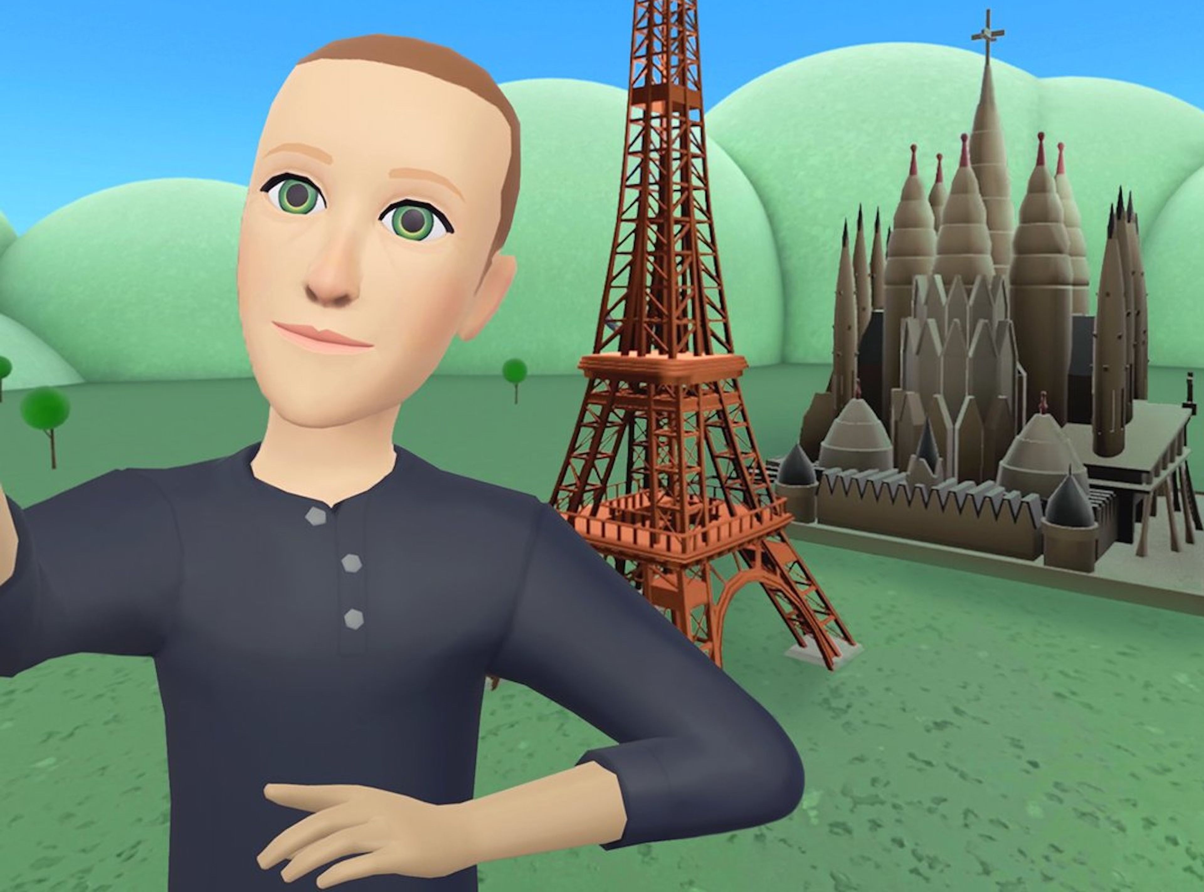 El avatar de Mark Zuckerberg en Horizon Worlds, frente a la Torre Eiffel y la Sagrada Familia.