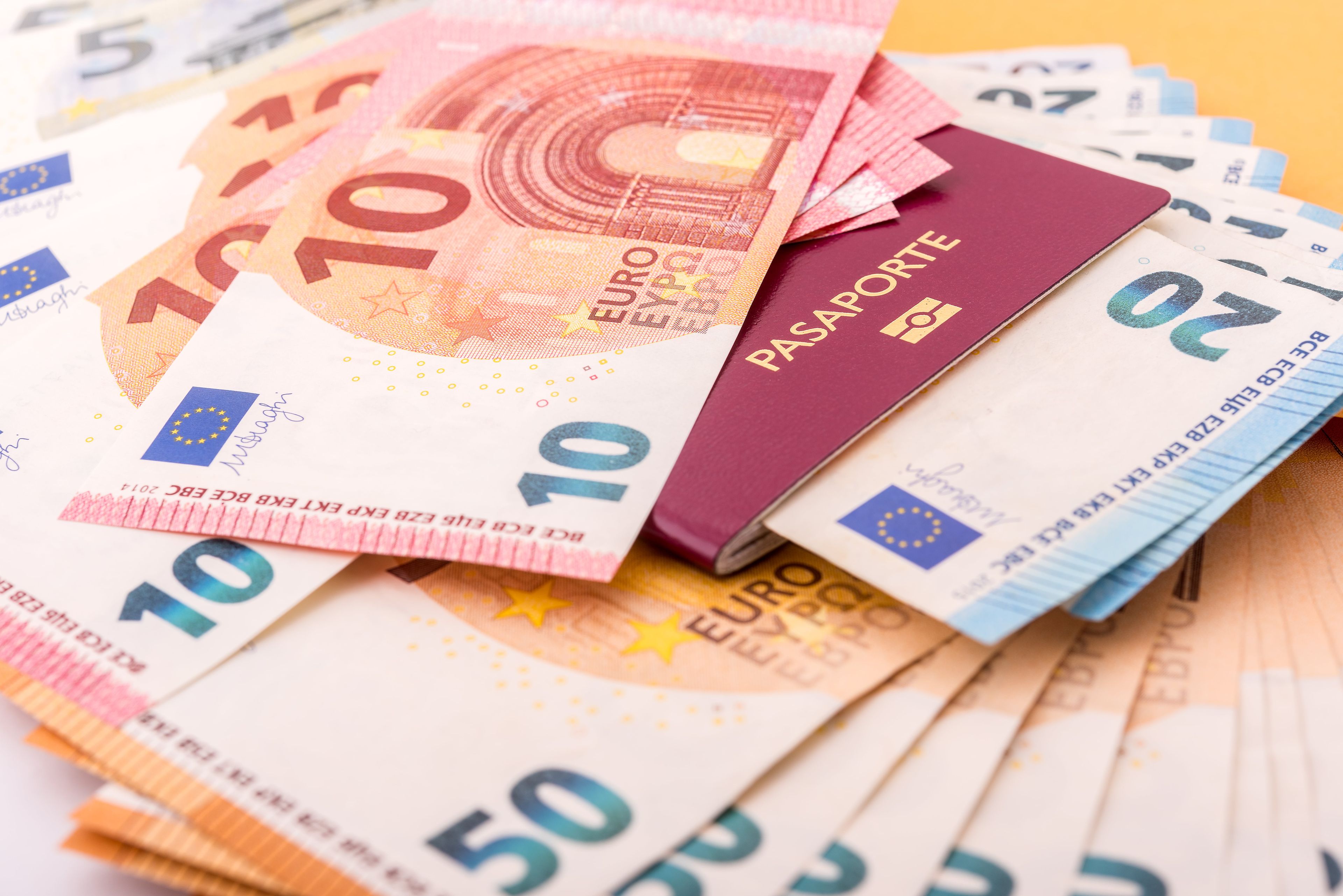 Billetes de euro con un pasaporte