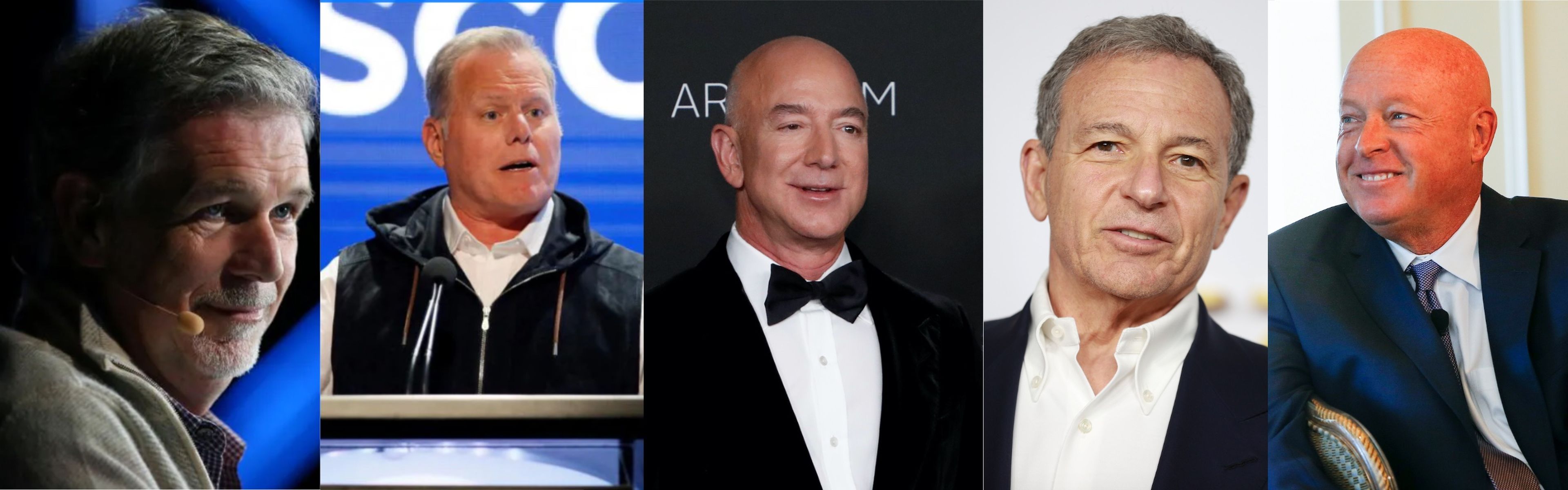 Reed Hastings (CEO de Netflix), David Zaslav (CEO de Warner Media Discovery), Jeff Bezos (ex-CEO de Amazon), Bob Iger y Bob Chapek (ex-CEO y actual CEO de Disney, respectivamente).