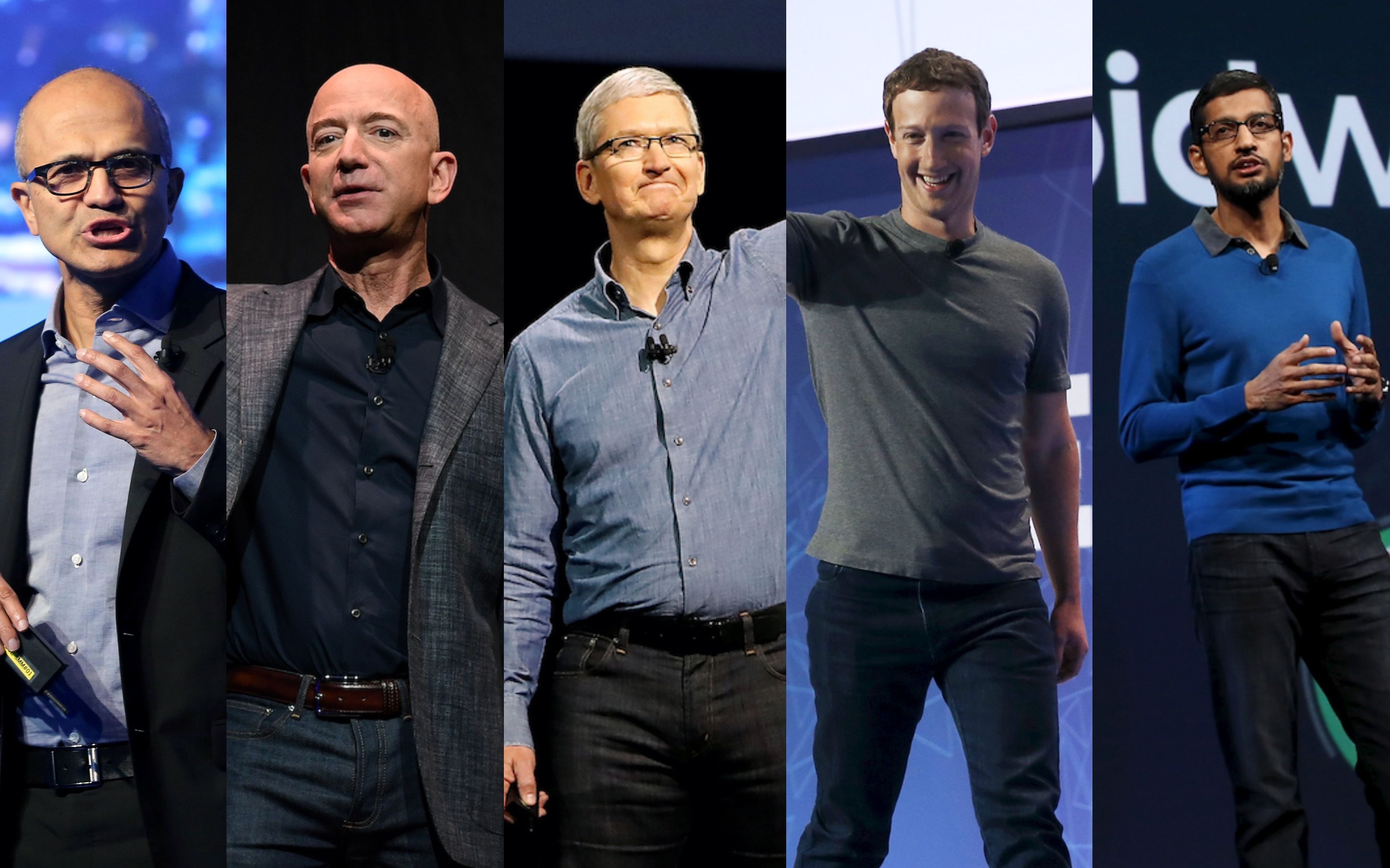 Satya Nadella (Microsoft), Jeff Bezos (Amazon), Tim Cook (Apple), Mark Zuckerberg (Meta) y Sundar Pichai (Google).
