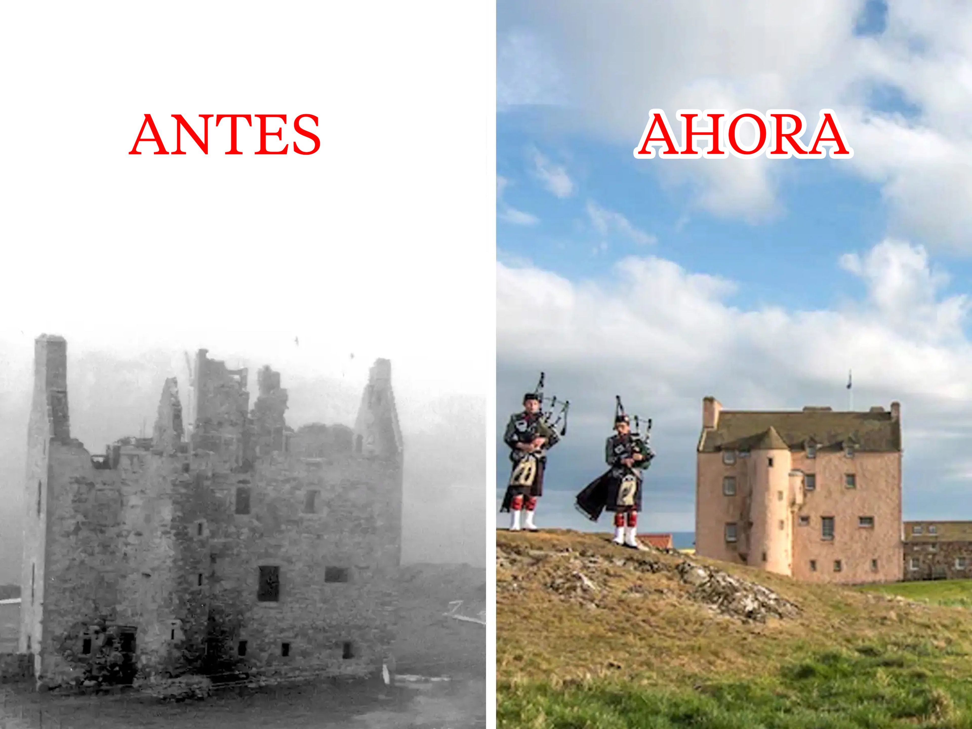 El exterior de Frenton Tower en Escocia, antes y después de que fuese reconstruido.