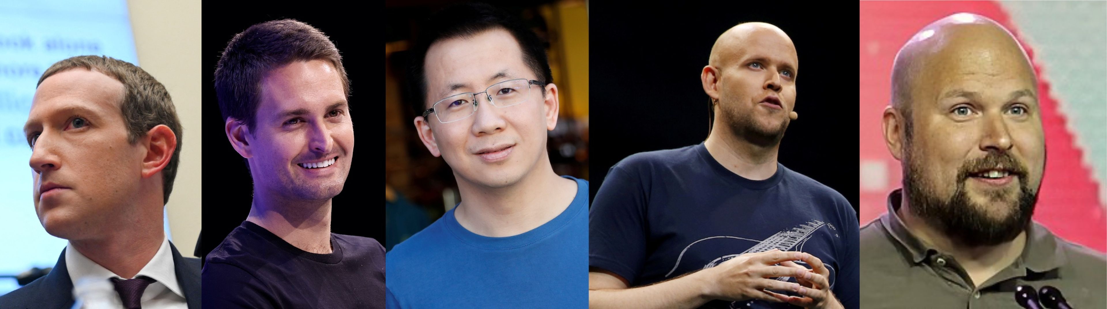 Mark Zuckerberg, fundador y CEO de Facebook; Evan Spiegel, fundador y CEO de Snapchat; Zhang Yiming, fundador y CEO de TikTok; Daniel Ek, fundador y CEO de Spotify; y Markus Persson, fundador de Minecraft.