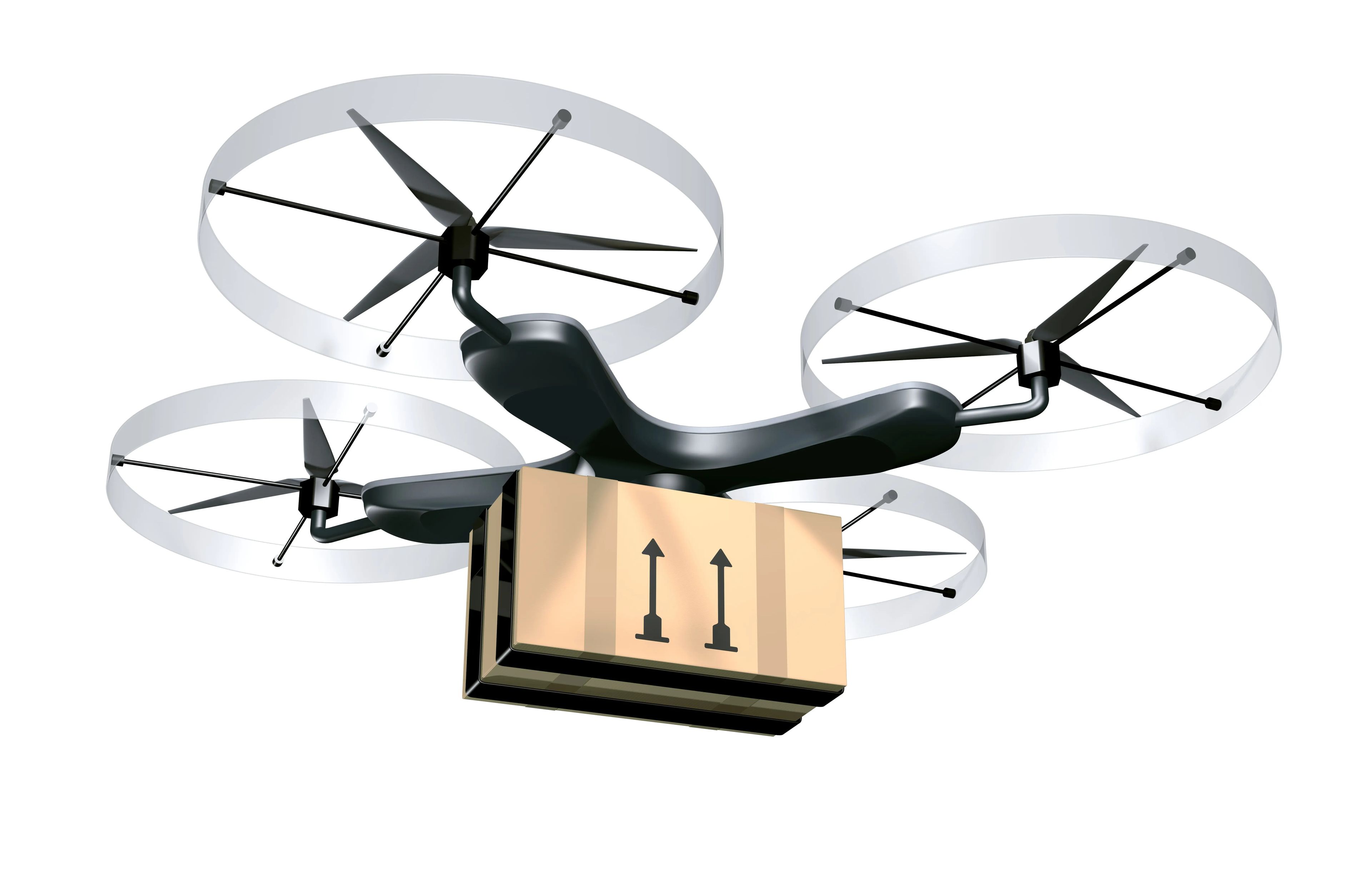 An unmanned drone for parcel delivery purposes.
