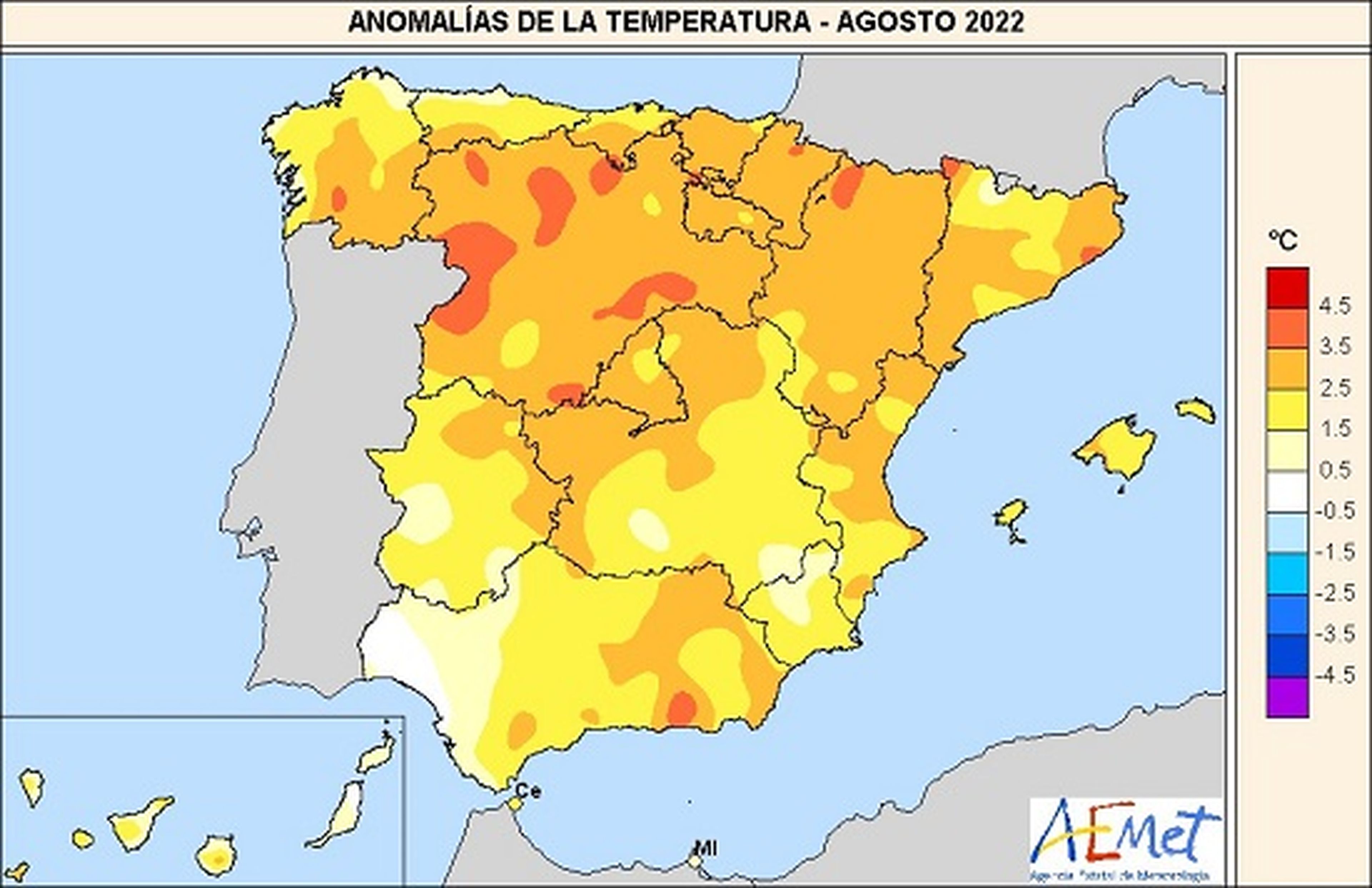 Anomalías térmicas en agosto de 2022.
