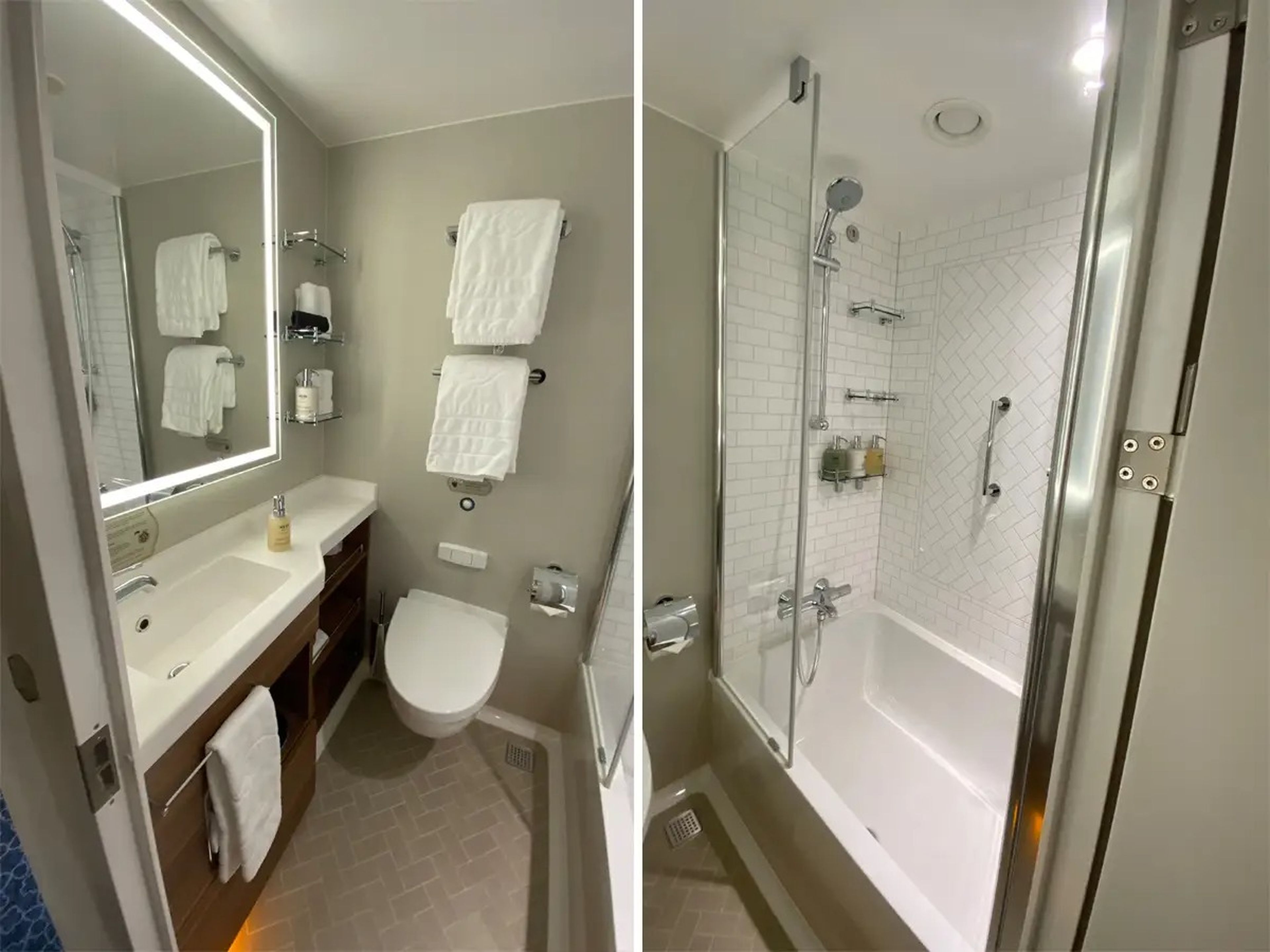 A bathroom inside a standard stateroom aboard the Disney Wish cruise.