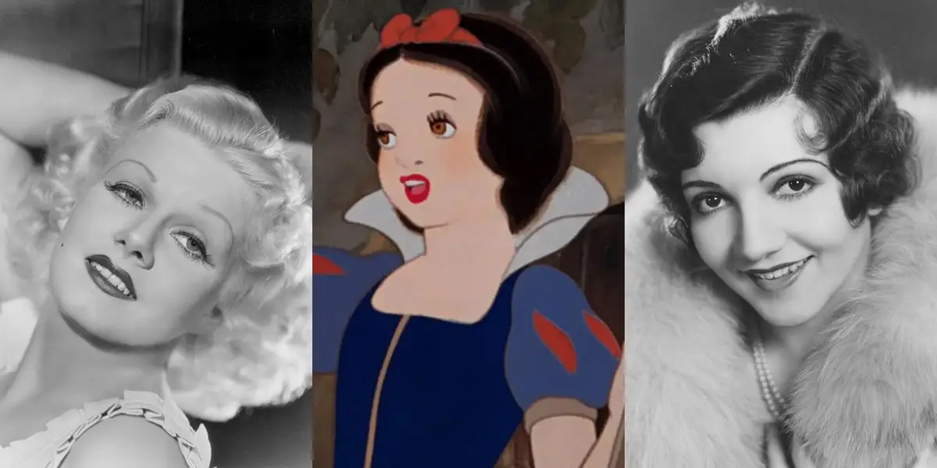Jean Harlow (izquierda) y Claudette Colbert (derecha) inspiraron el cabello y las cejas de Blancanieves.