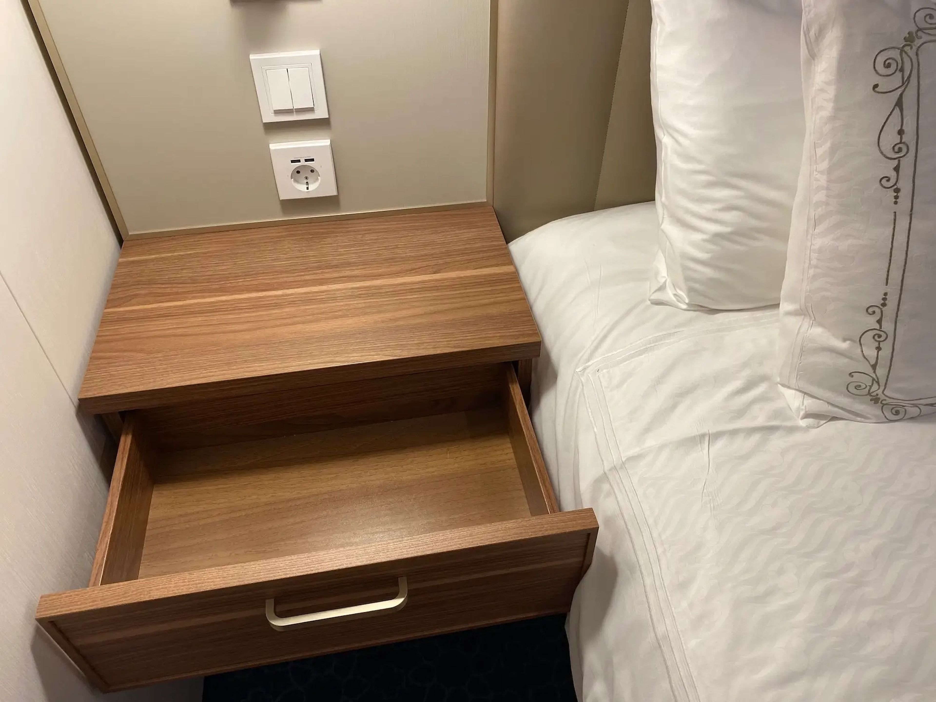A drawer inside a standard stateroom aboard the Disney Wish cruise.