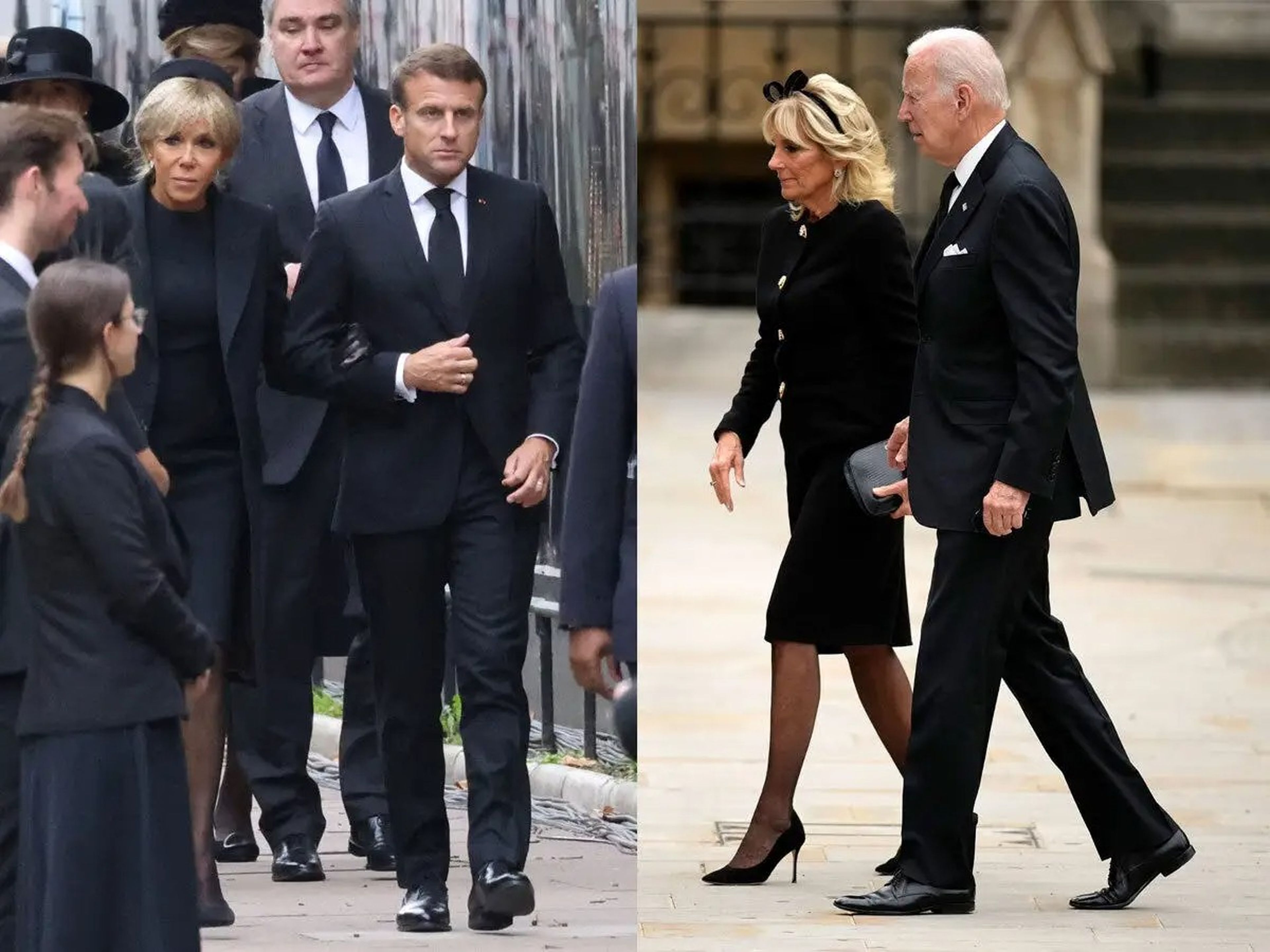 El presidente francés Emmanuel Macron, junto a su mujer, y Joe Biden, con la primera dama, acudieron al funeral de la reina.
