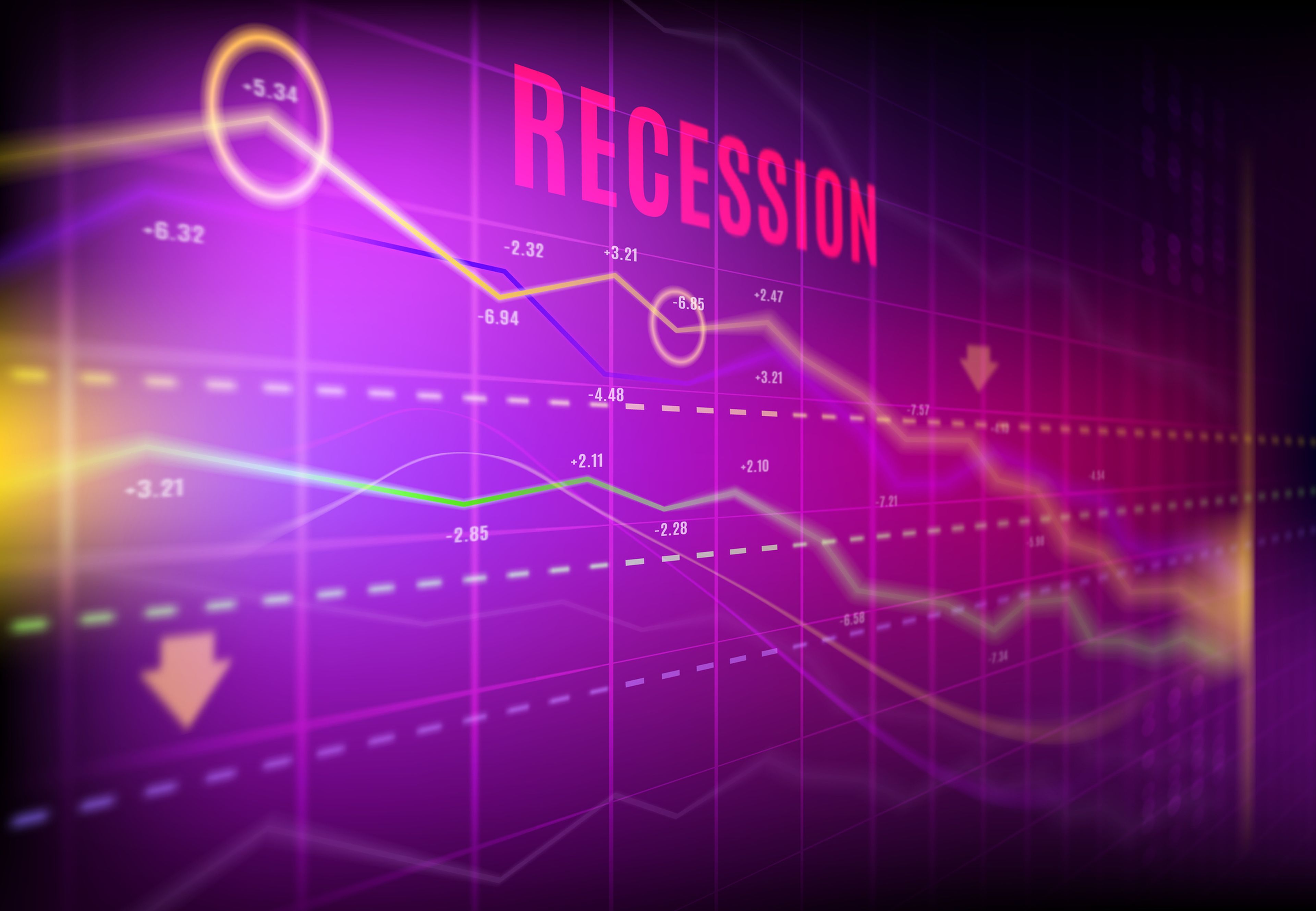 Ilustración con una gráfica y la palabra recesión.