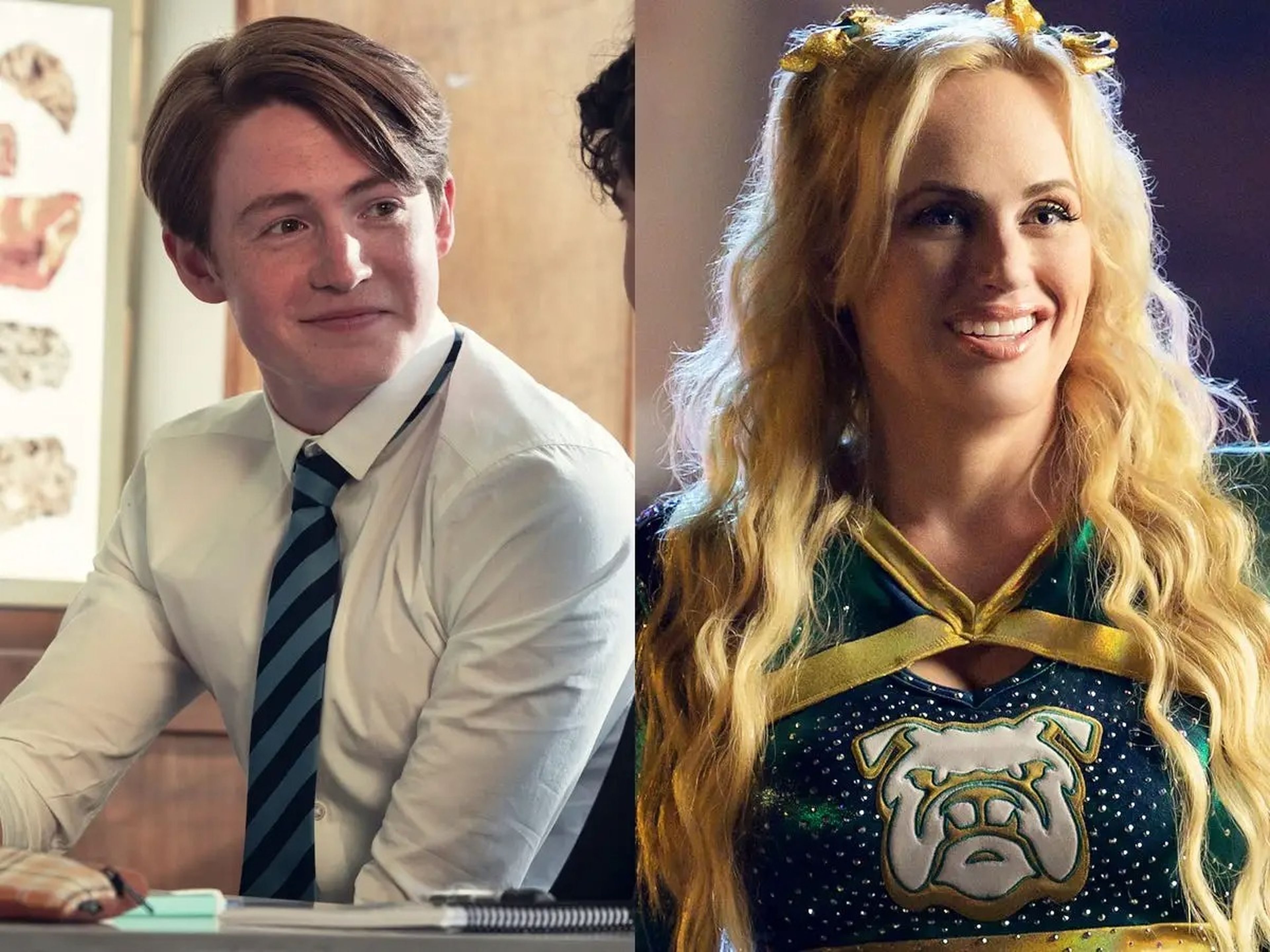 On the left, Kit Connor in white button down with tie on "Heartstopper." On the right, Rebel Wilson in a cheer outfit in "Senior Year."