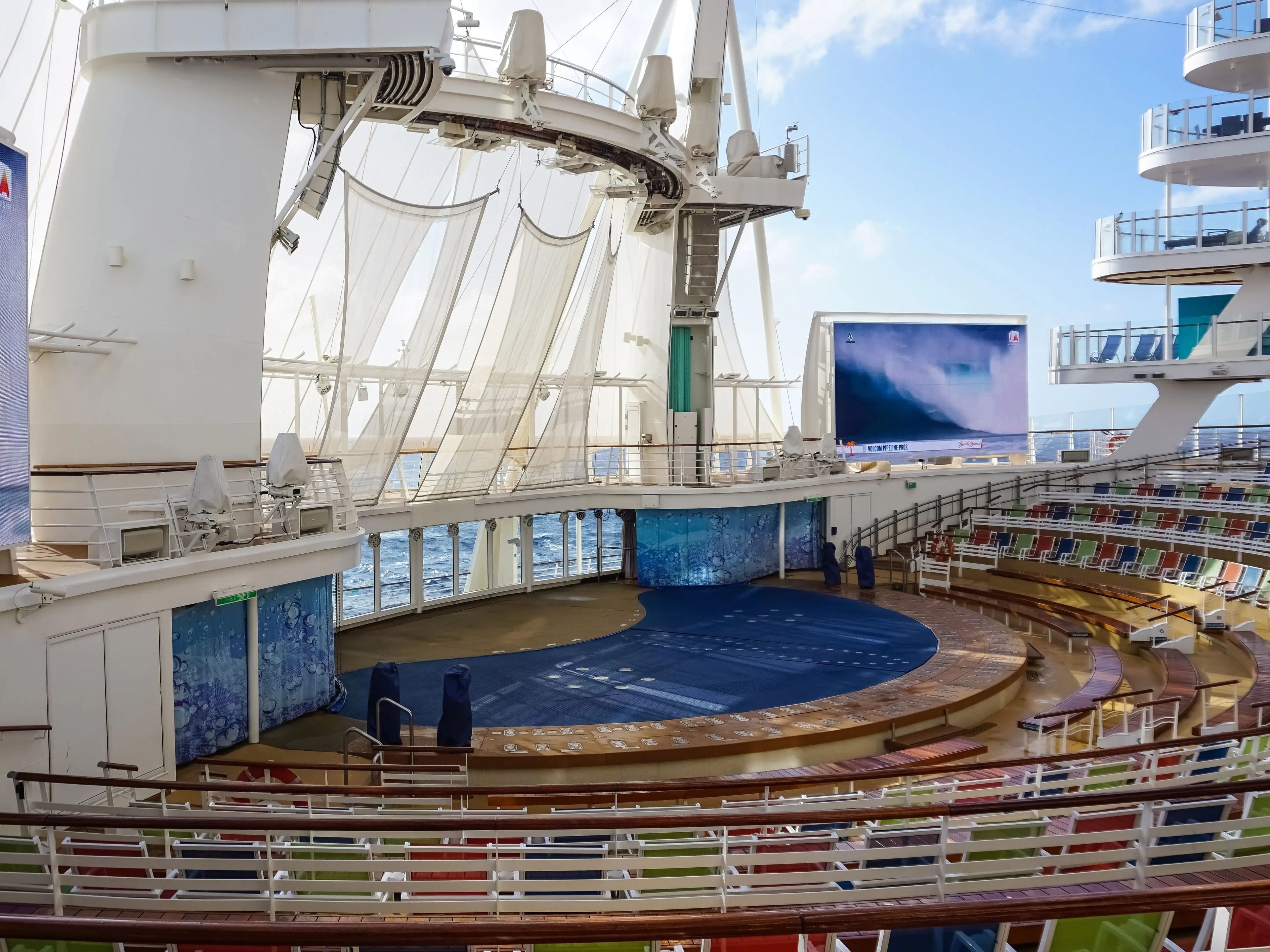 Outdoor theatre on cruise ship with blue skies in the background
