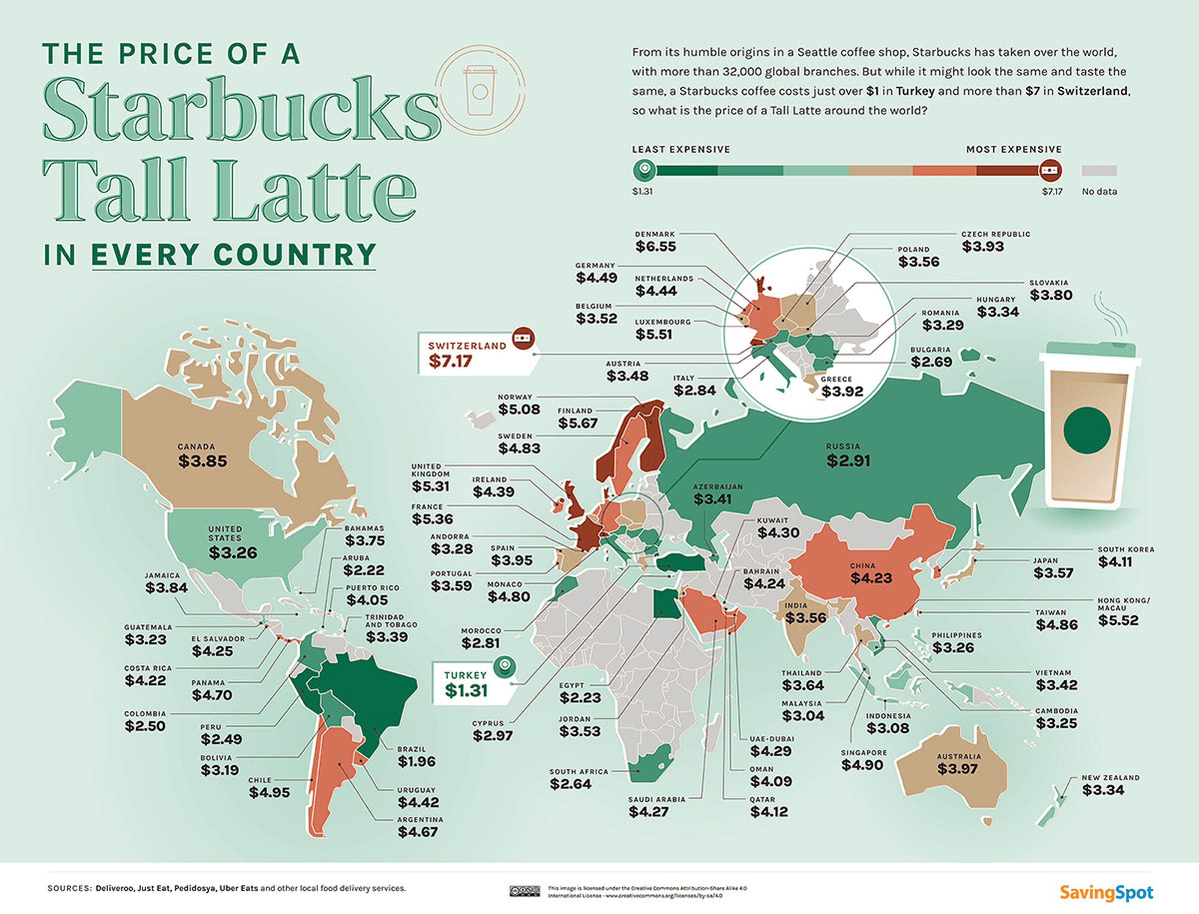 Este mapa enseña el precio de un café de Starbucks en cada país