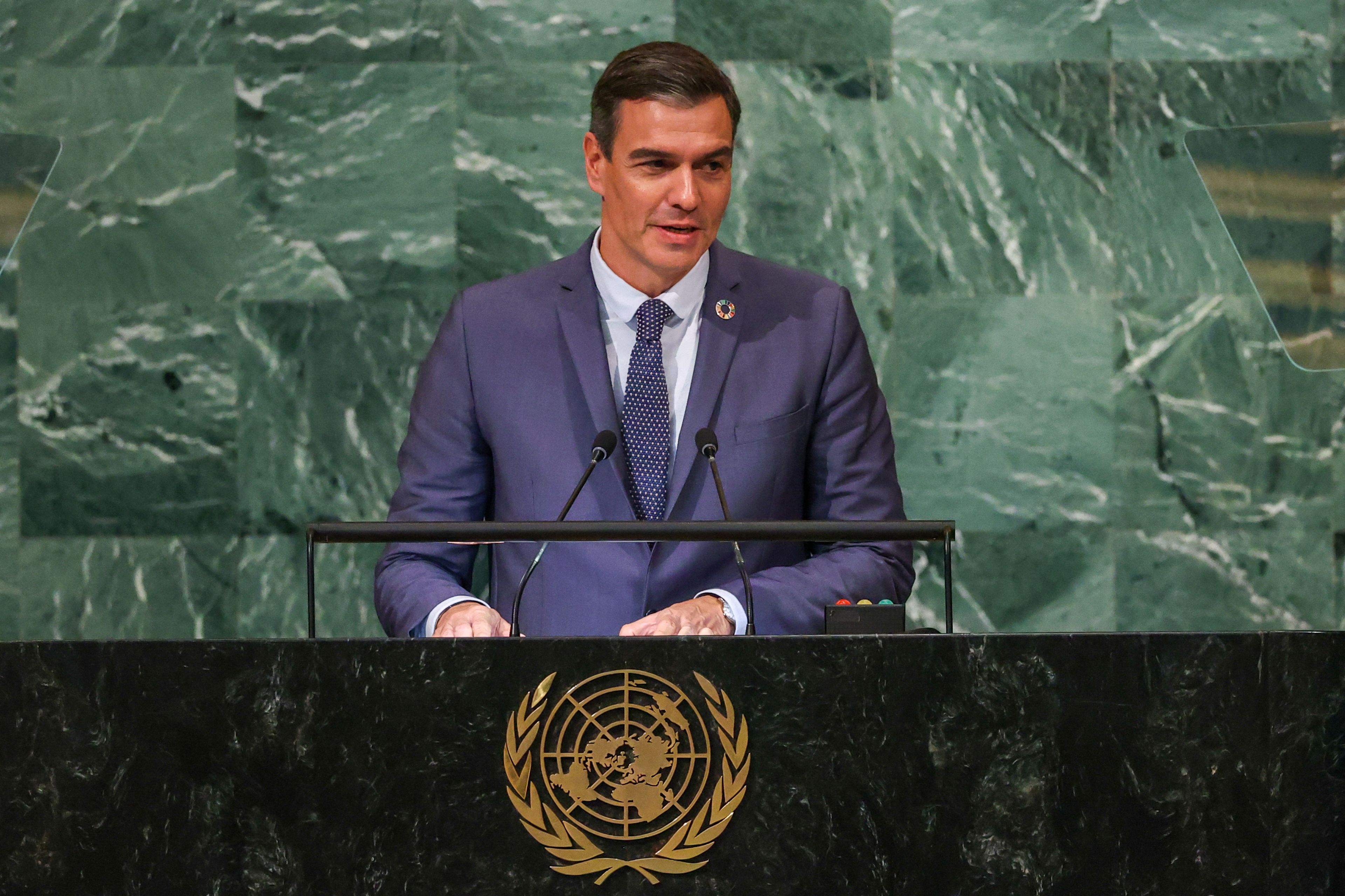 El presidente del Gobierno español, Pedro Sánchez, en su discurso de este jueves ante la Asamblea General de la ONU, en Nueva York.