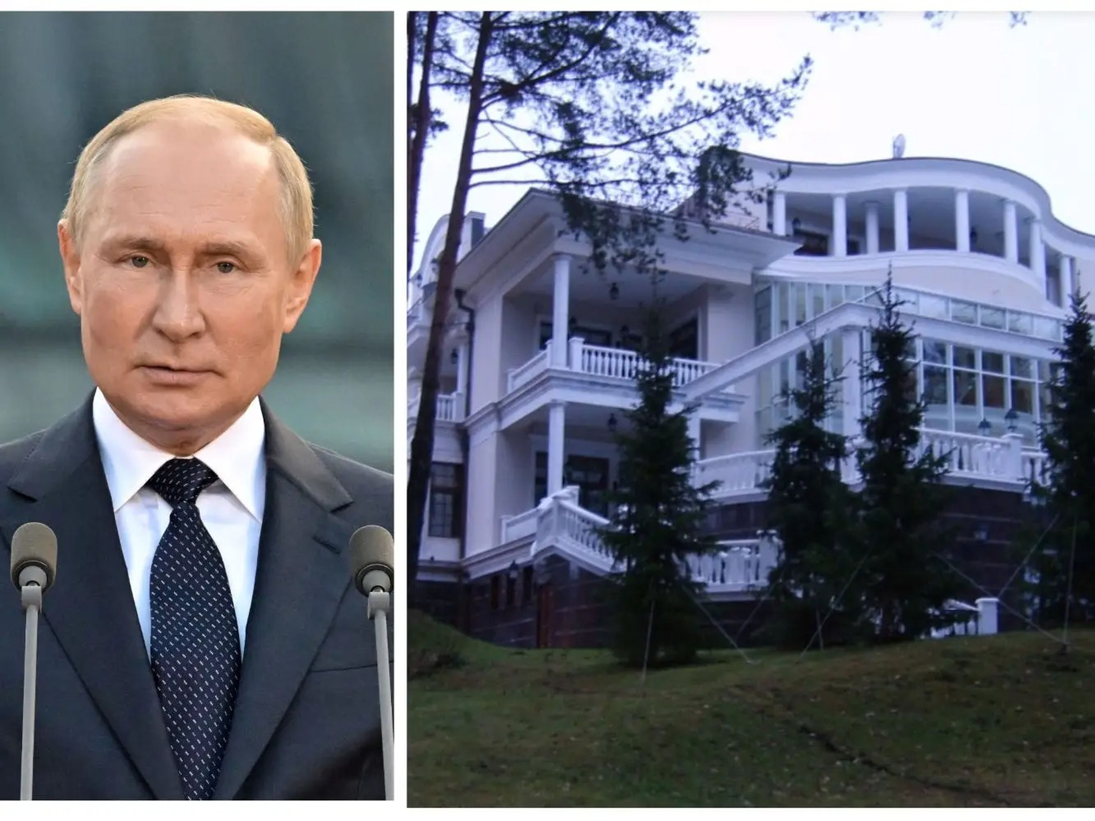 El presidente ruso Vladímir Putin y su supuesto palacio en el lago Valdai, Rusia.