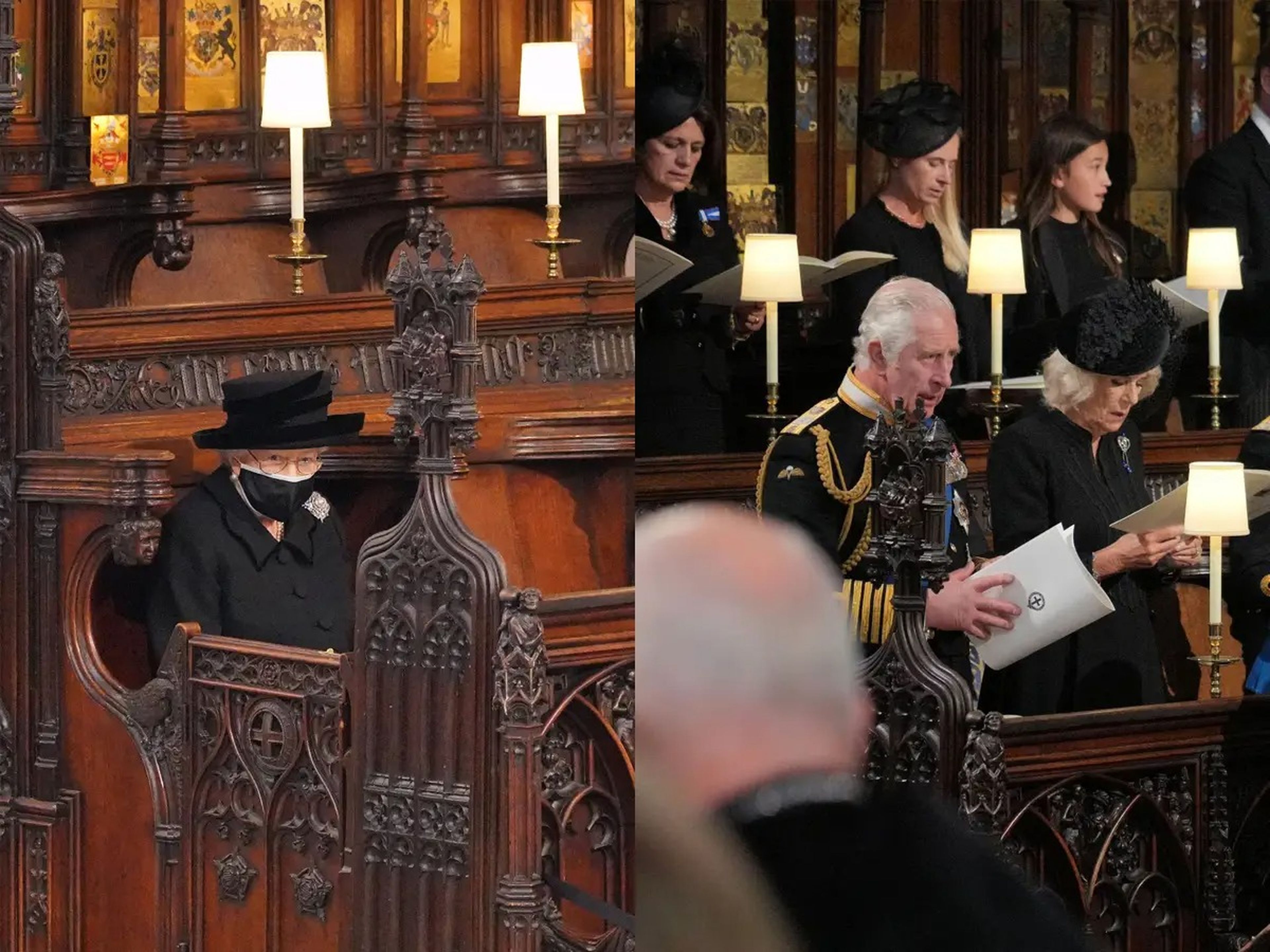 La reina Isabel II sentada sola en el funeral de Felipe (izquierda) y el rey Carlos III sentado en el mismo sitio en el funeral de su madre (derecha).