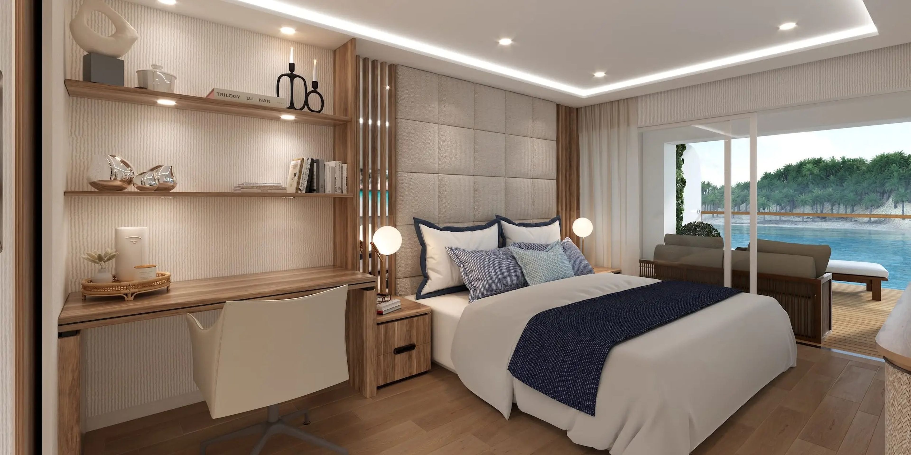 A rendering of the bedroom in Storylines' MV Narrative cruise ship.