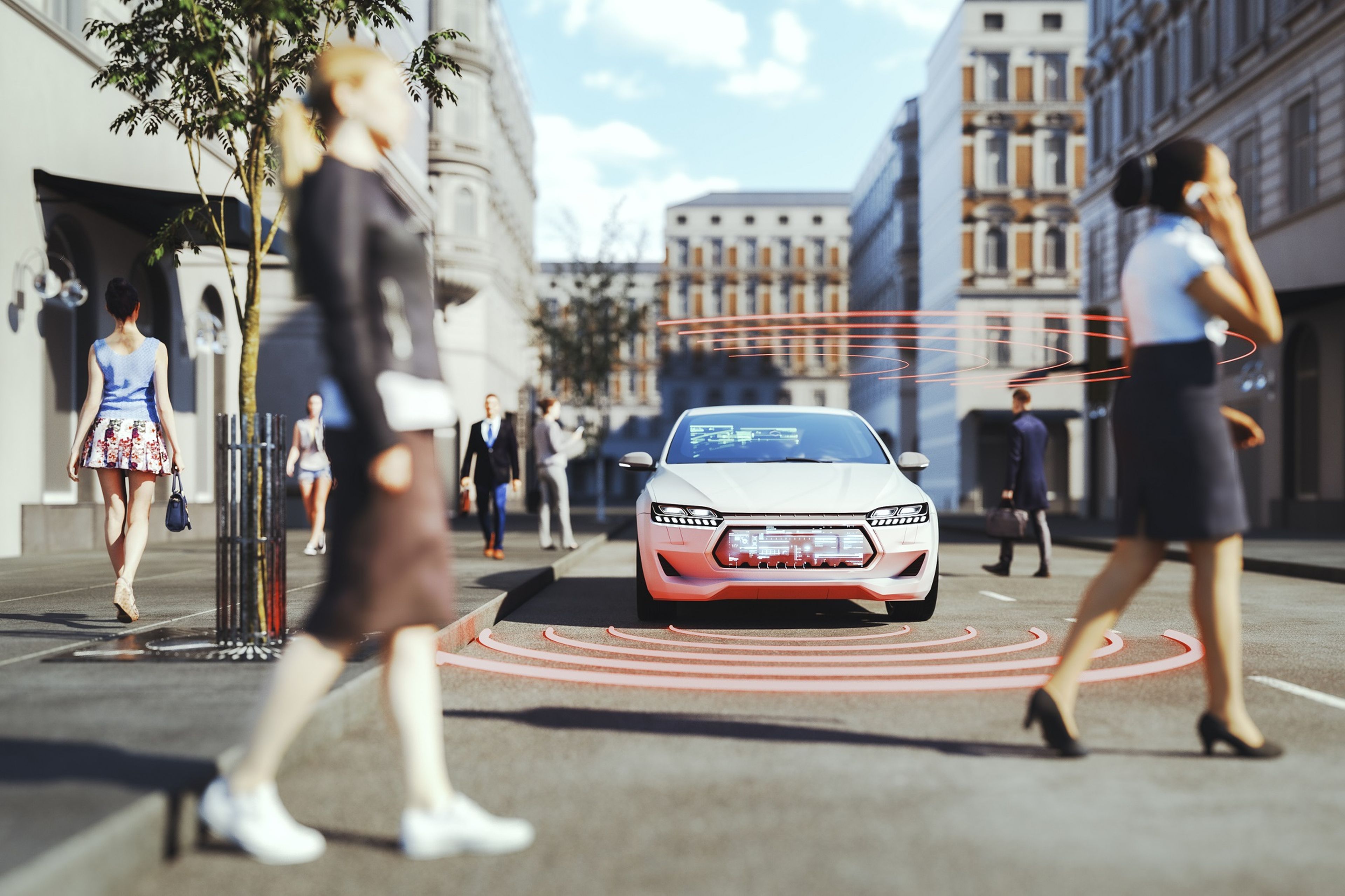 Una representación de un coche autónomo circulando por la calle.