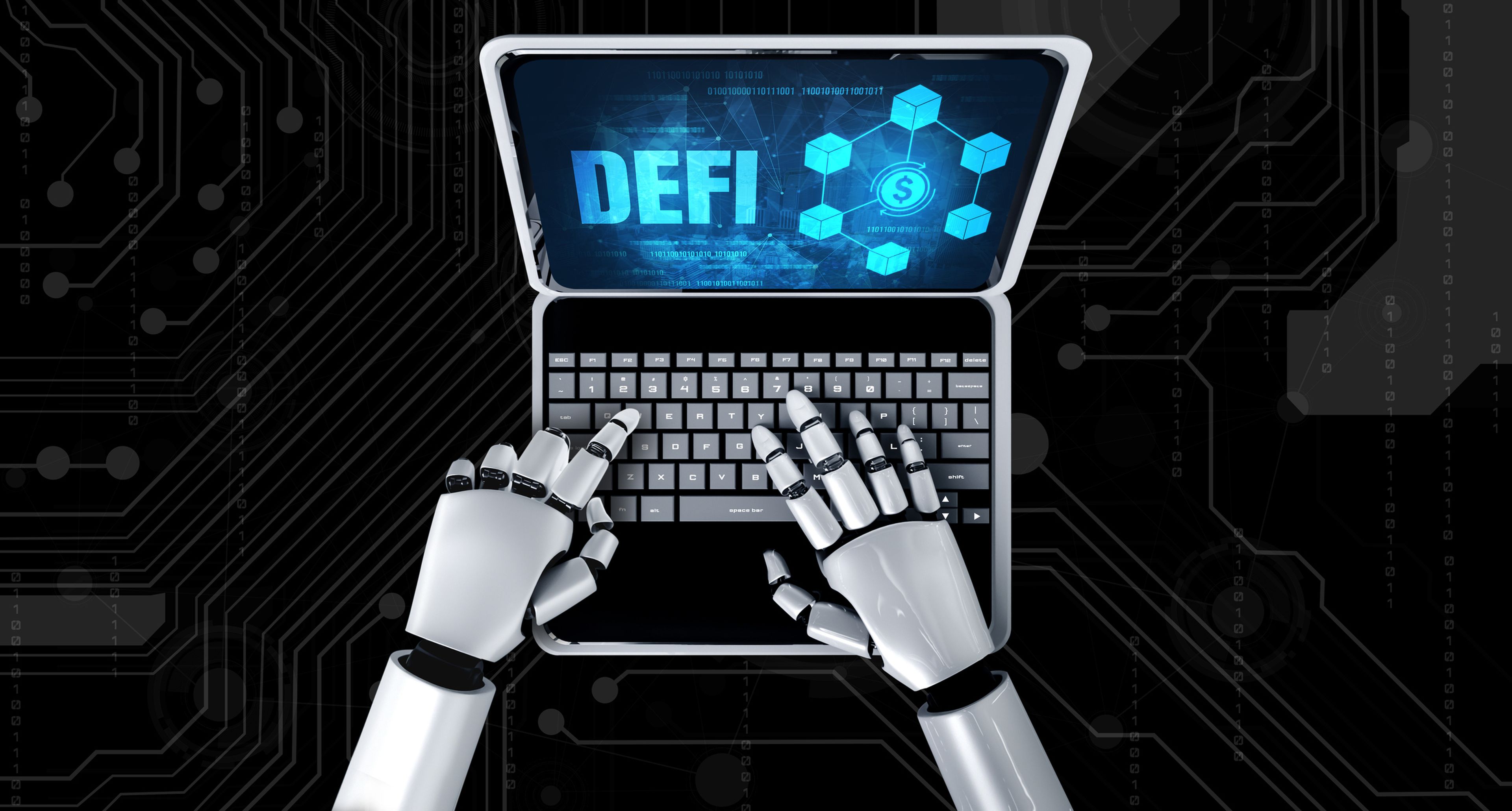 Un robot maneja un ordenador, en cuya pantalla sale la palabra DeFi.