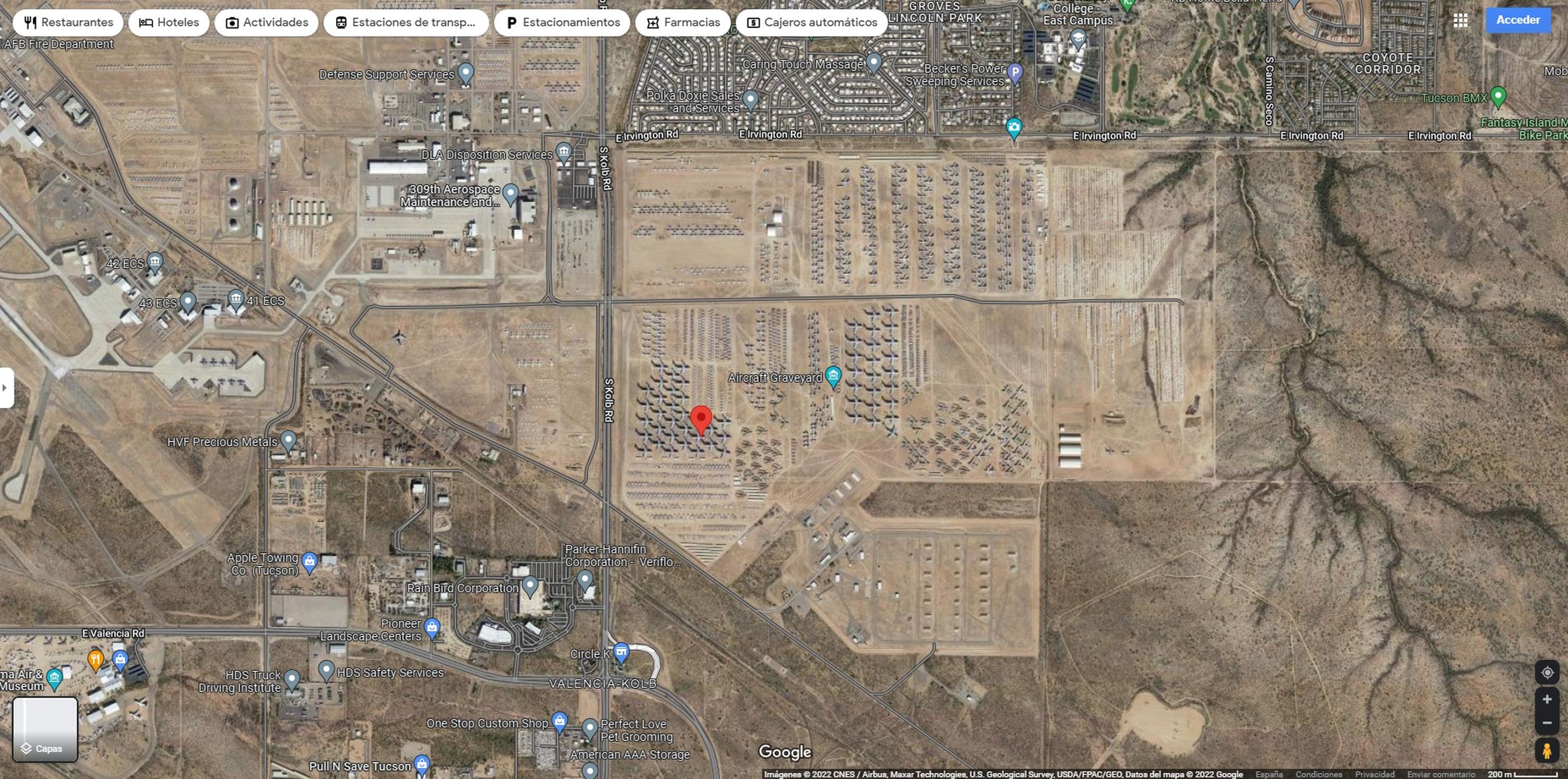 Un cementerio de aviones en Google Maps. 