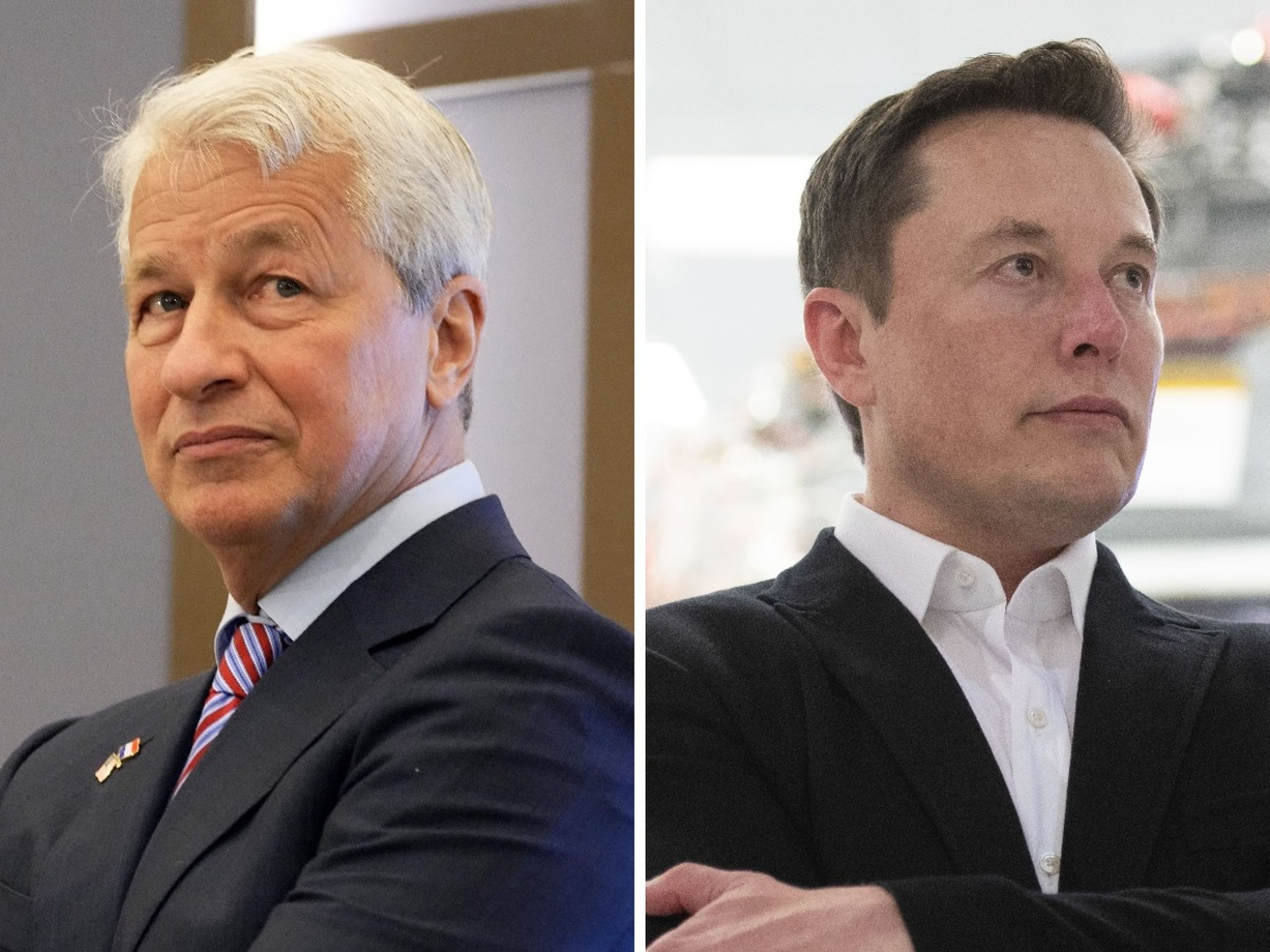 Jamie Dimon, consejero delegado de JPMorgan (izquierda) / Elon Musk, consejero delegado de Tesla (derecha) 
