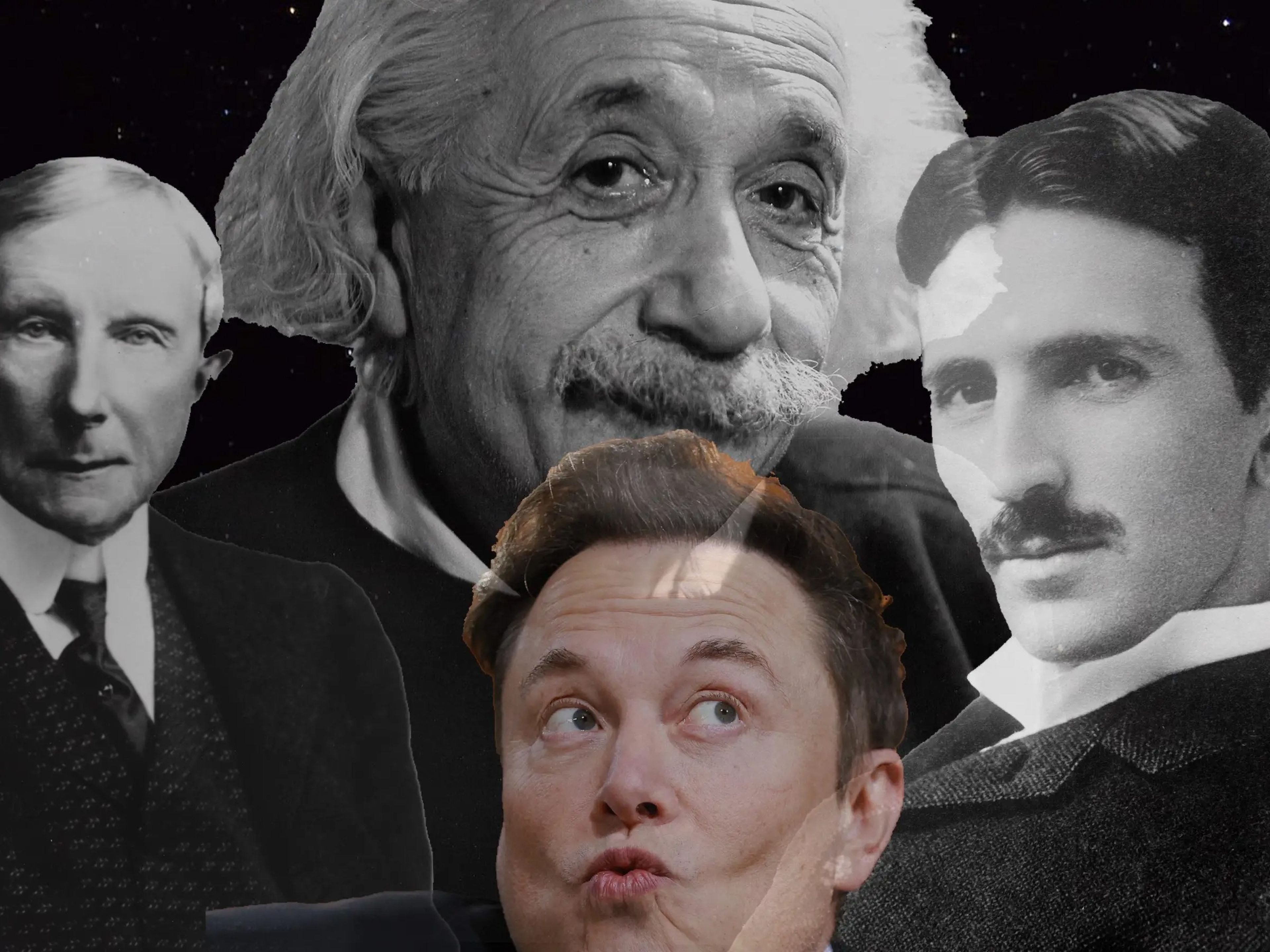 'Collage' de Elon Musk con Albert Einstein, Nikola Tesla y John Rockefeller.