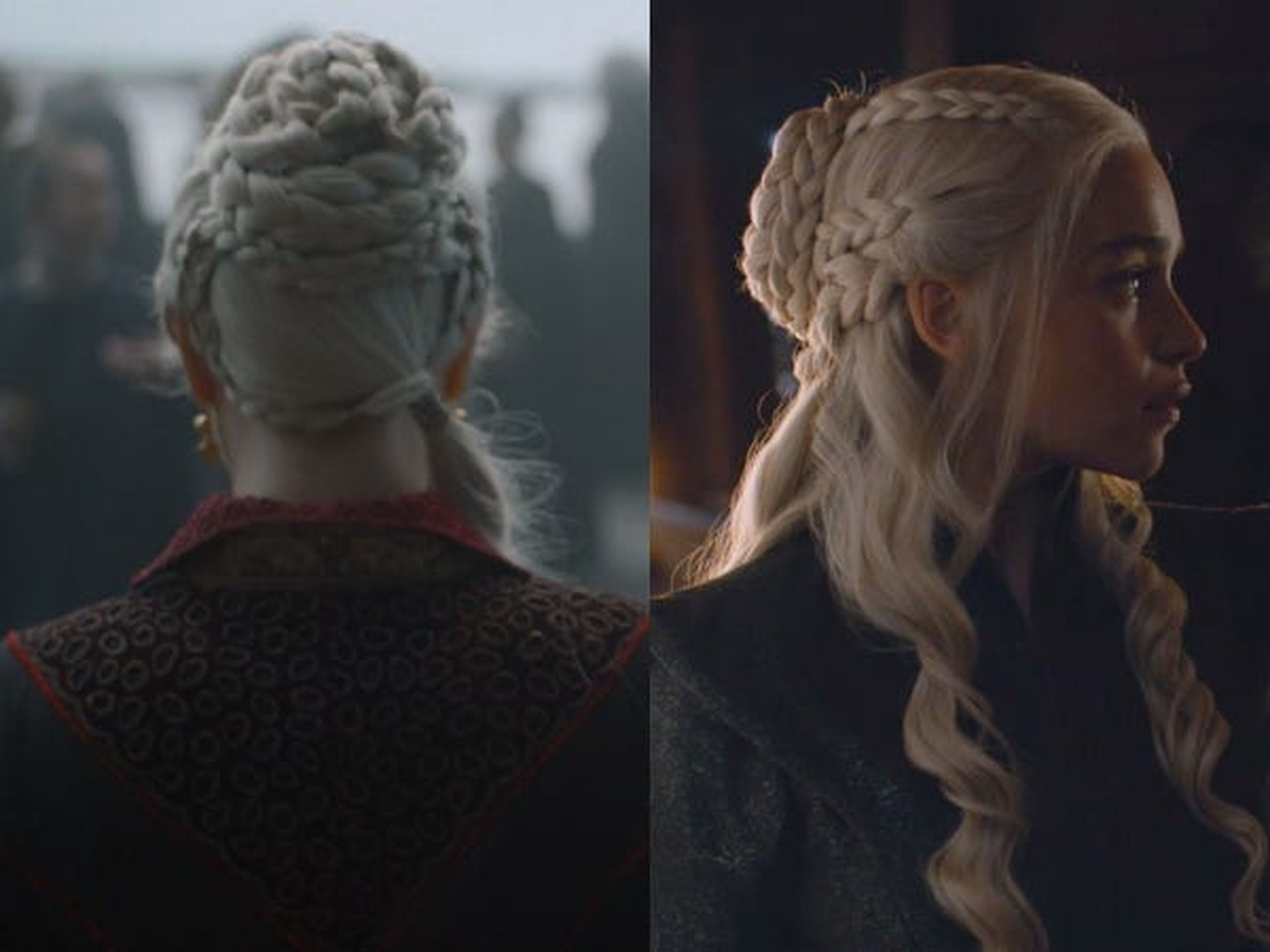 Una comparativa entre el cabello de Rhaenyra en 'La casa del dragón' y las trenzas de Daenerys en 'Juego de tronos'.