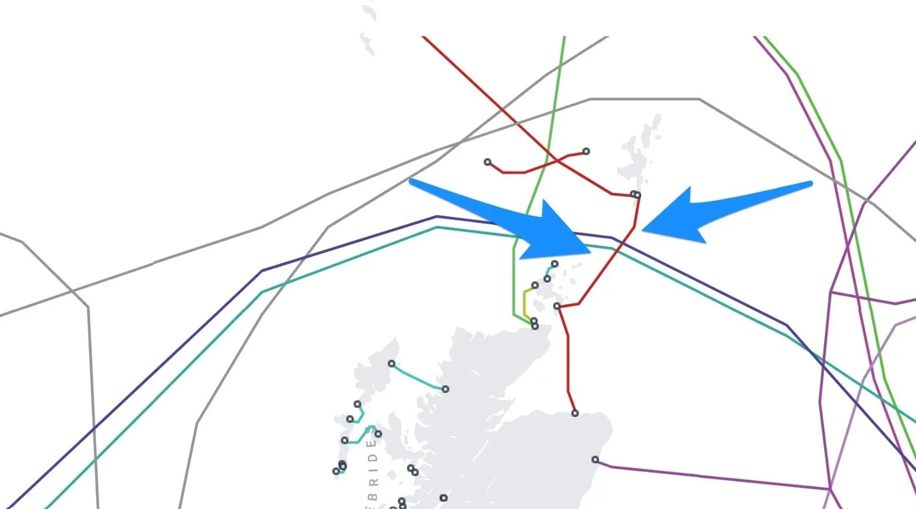 Cables submarinos que conectan con las Islas Shetland.