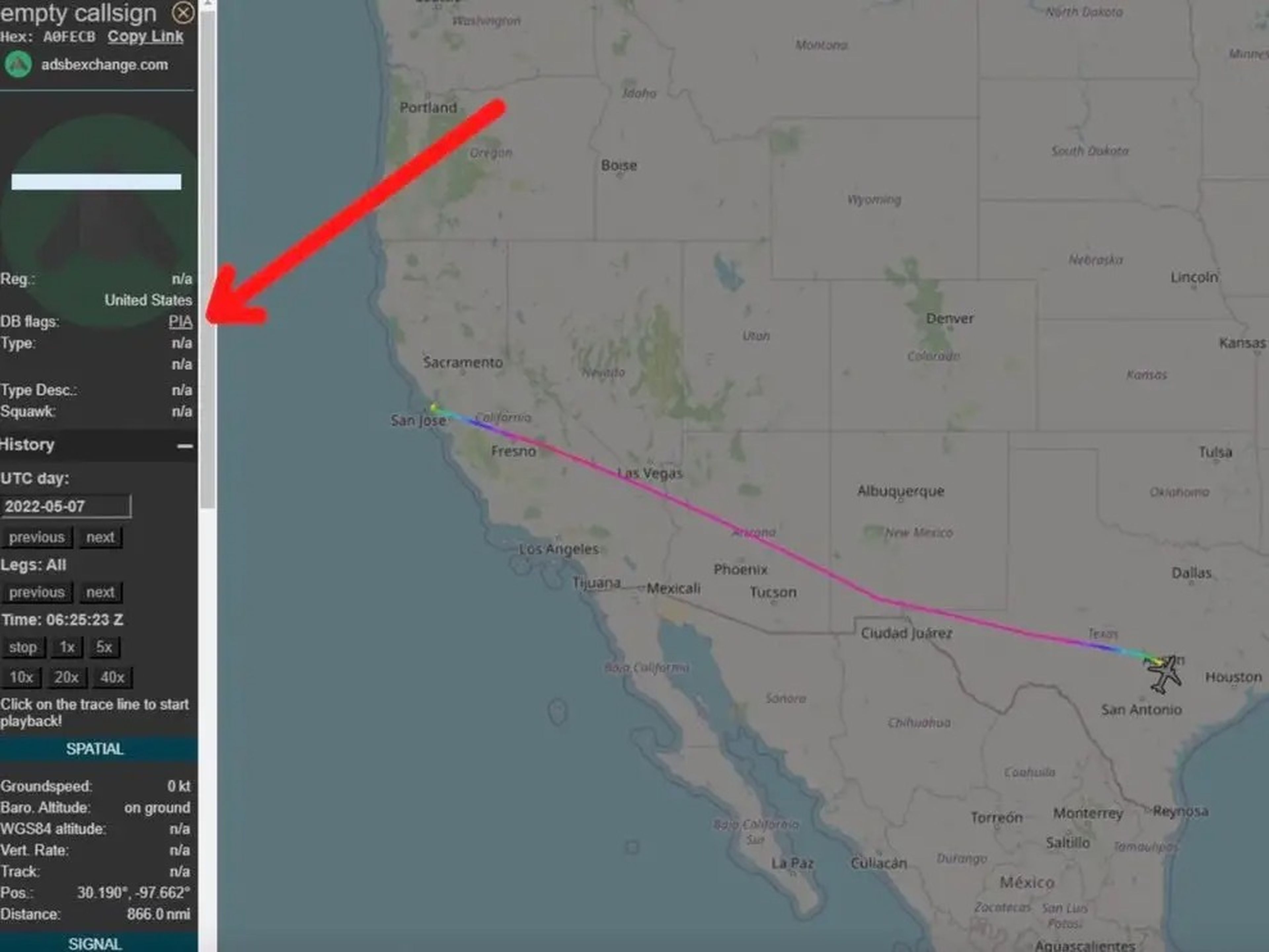 Elon Musk's private jet flight with PIA flag, tracked by Jack Sweeney.