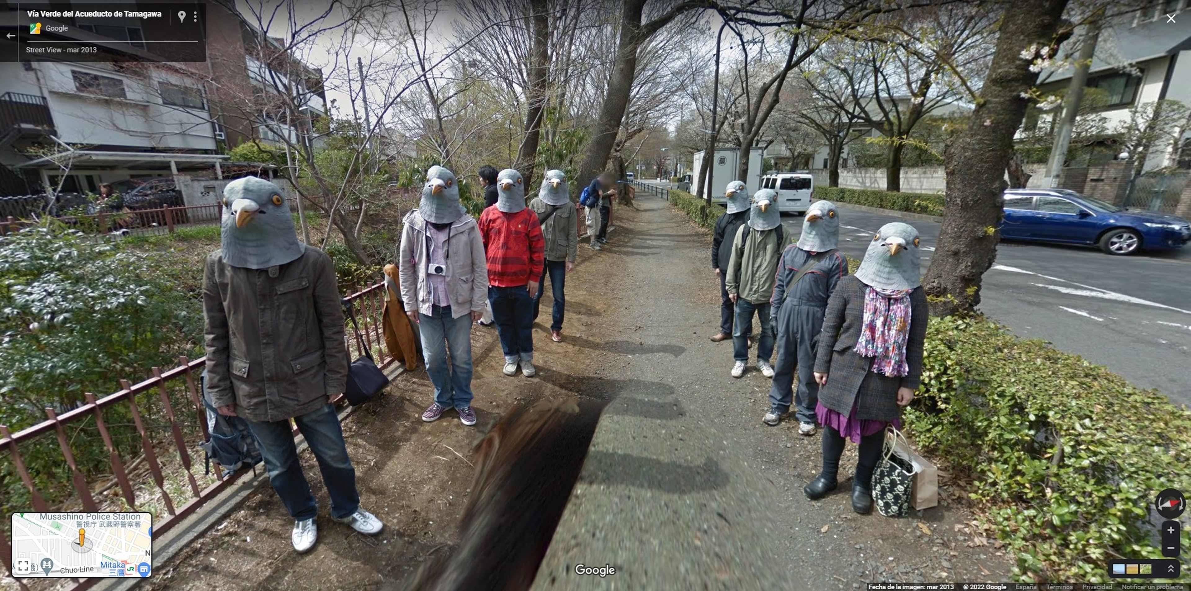 Hombres con cabeza de paloma en Google Maps.