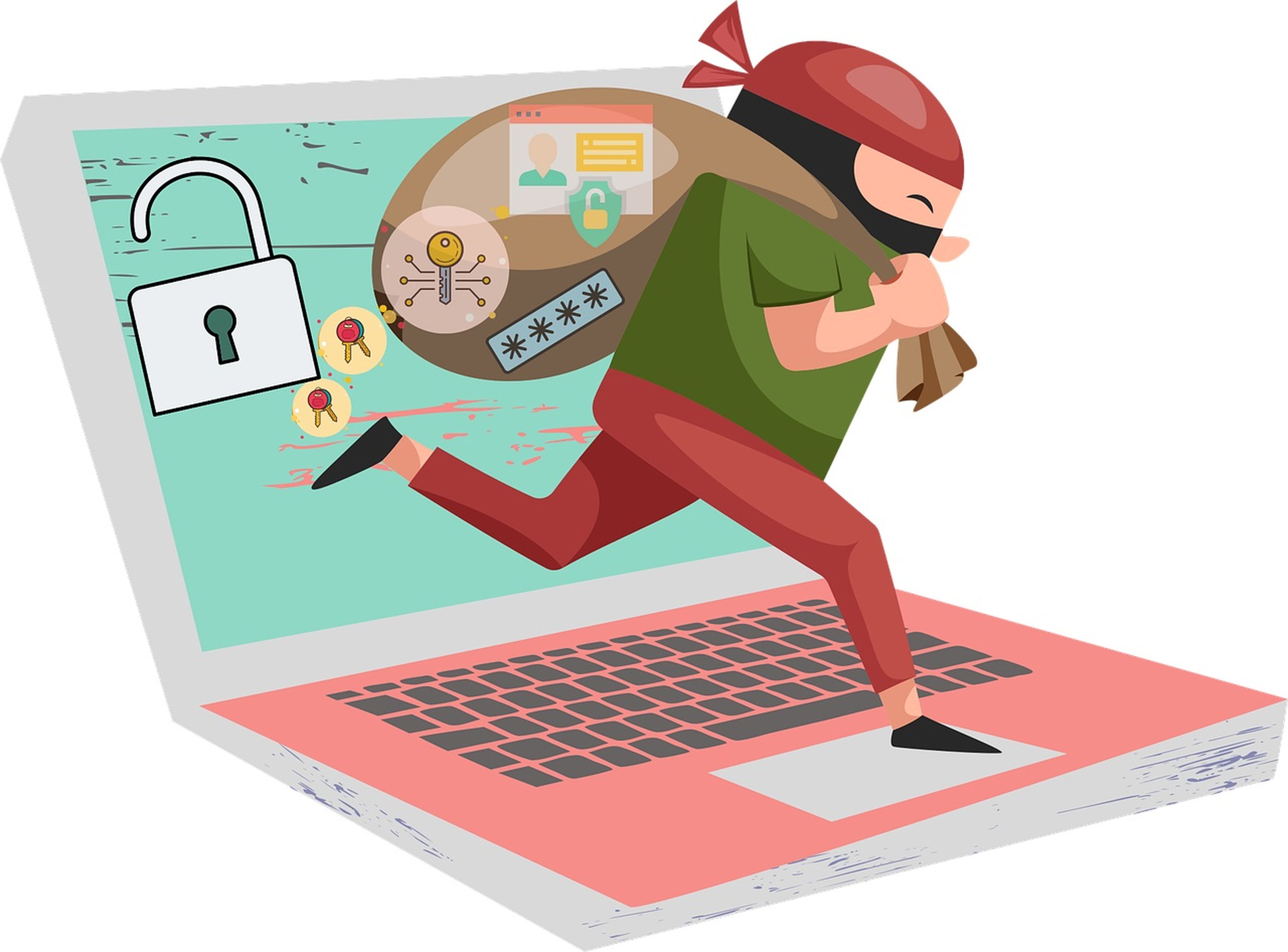 Ilustración con un ladrón que se lleva su botín de un ordenador.