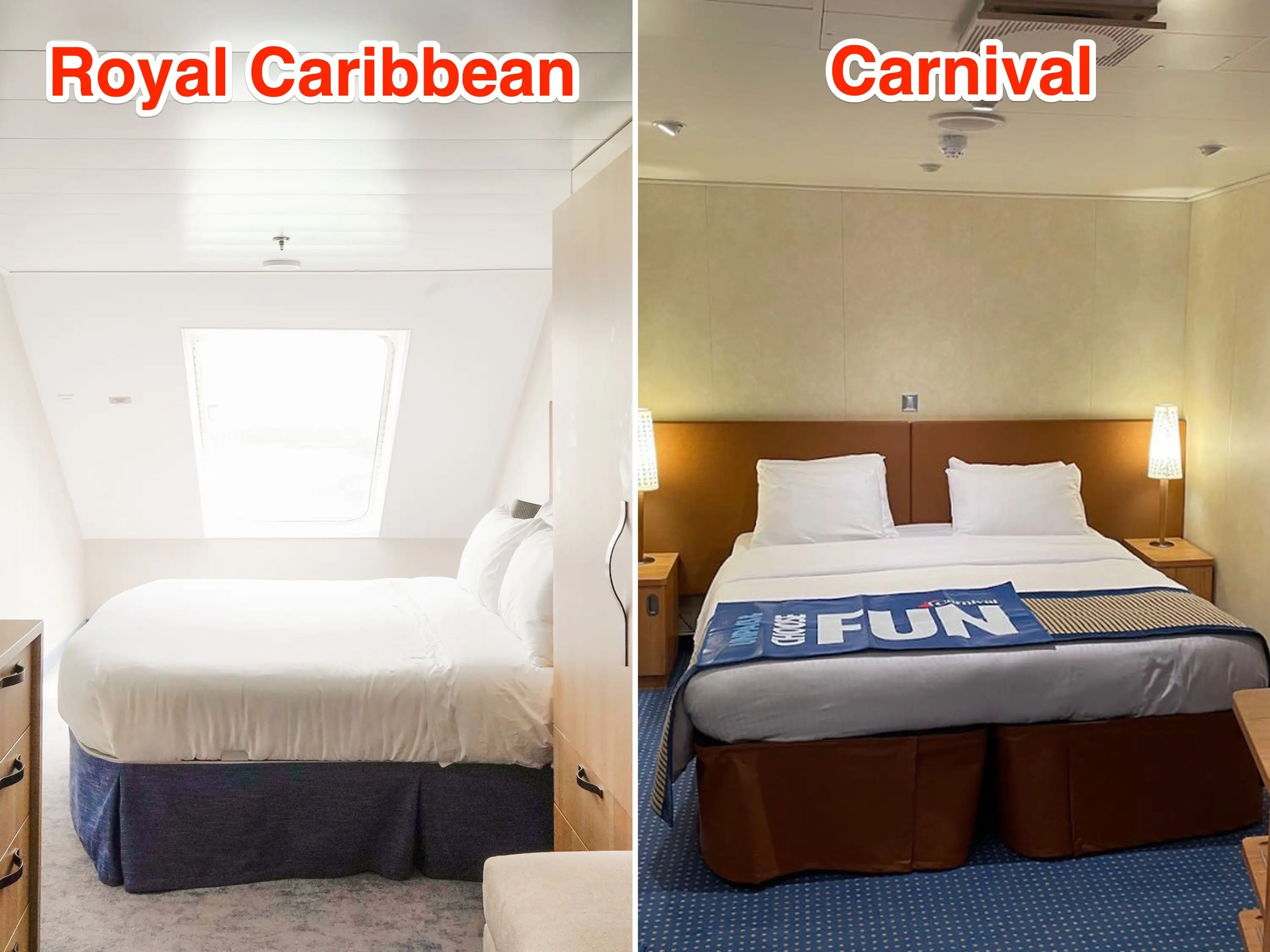 Interior de las habitaciones de Royal Caribbean (I) y Carnival (D).