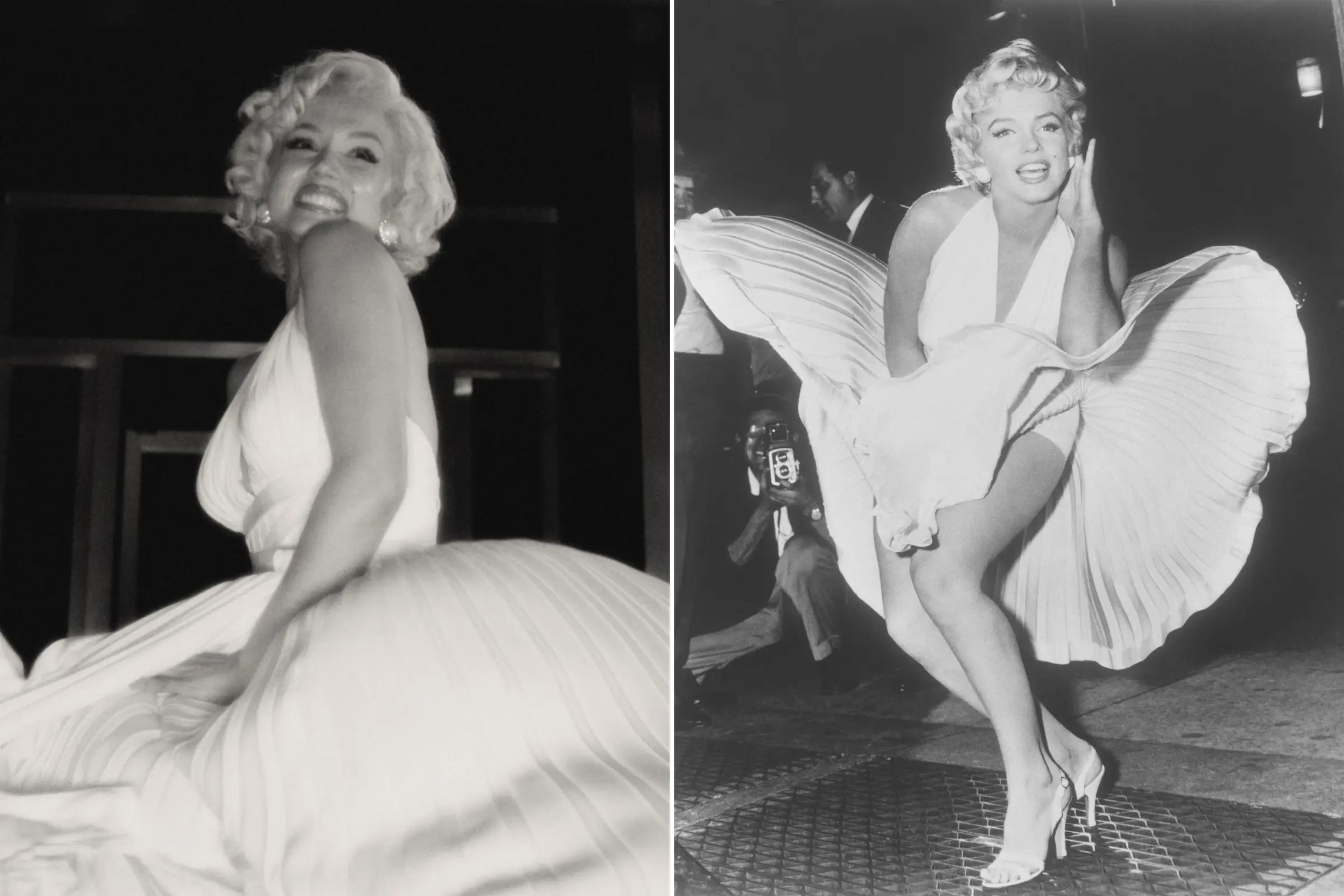 A la izquierda, Ana de Armas, la estrella de 'Blonde' y a la derecha, la verdadera Marilyn Monroe.