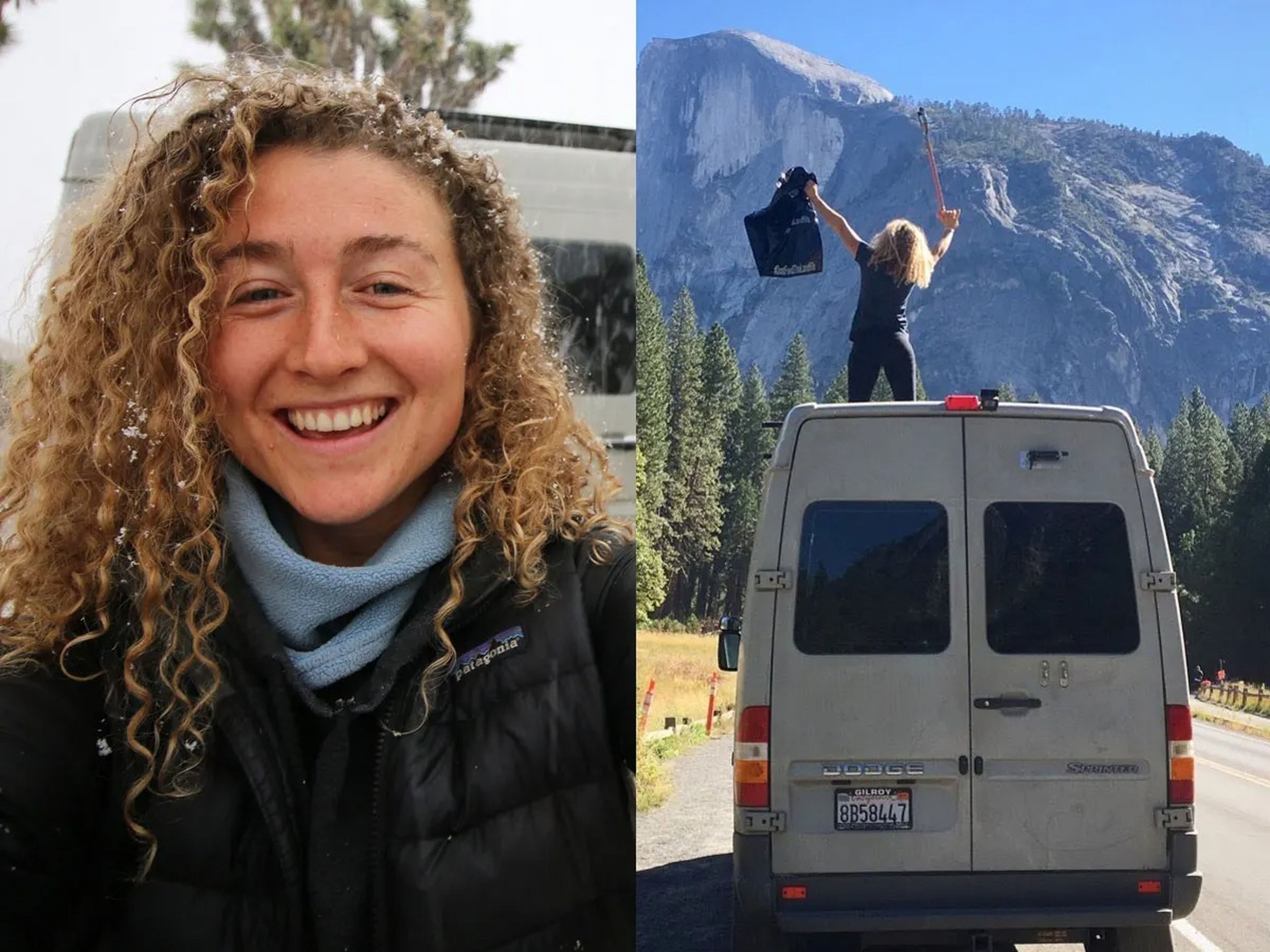 Kaya Lindsay smiling selfie on the left, Kaya Lindsay standing on top of van with mountain in background right