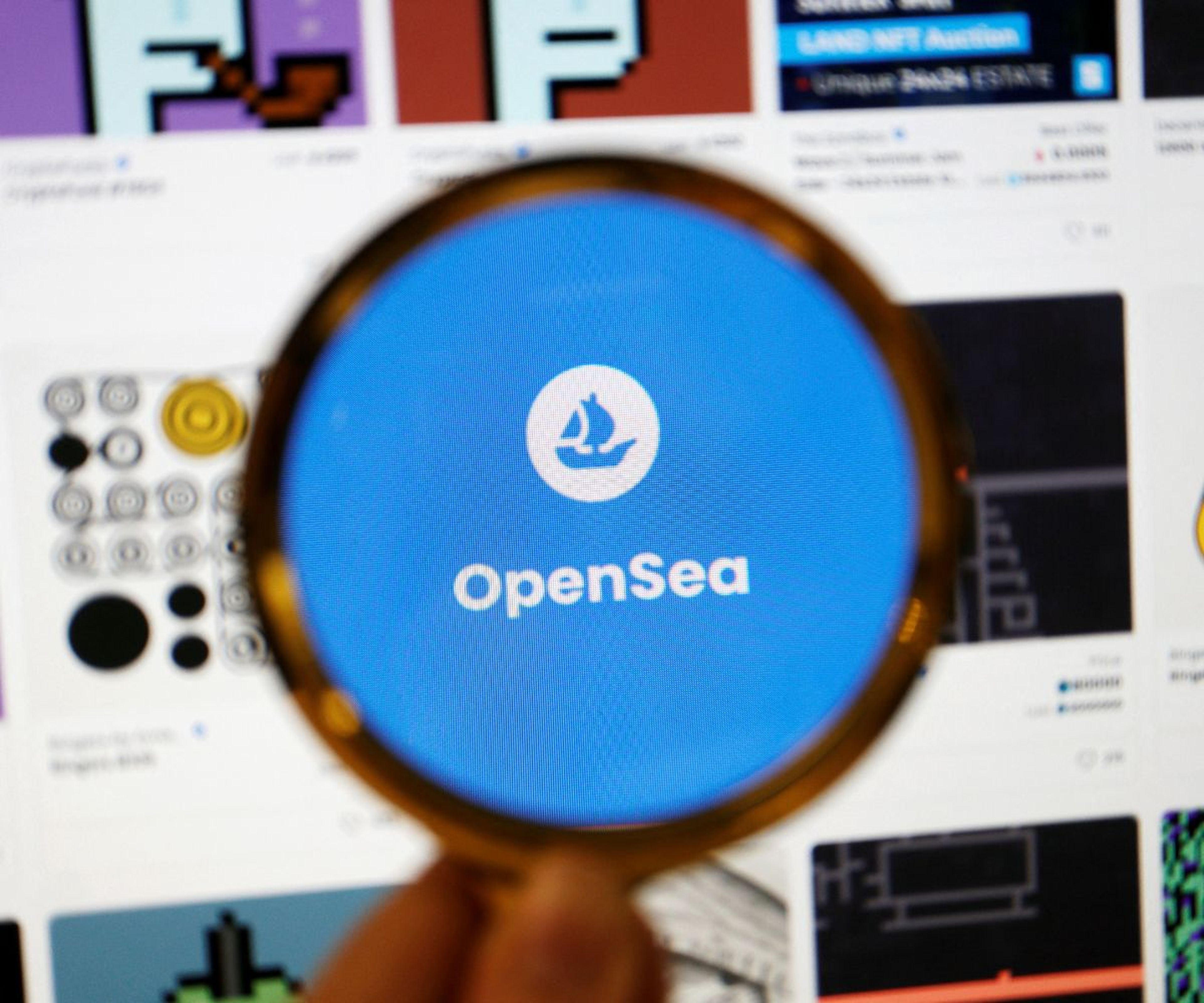 Logo del mayor mercado de NFT del mundo, OpenSea, delante de la web.