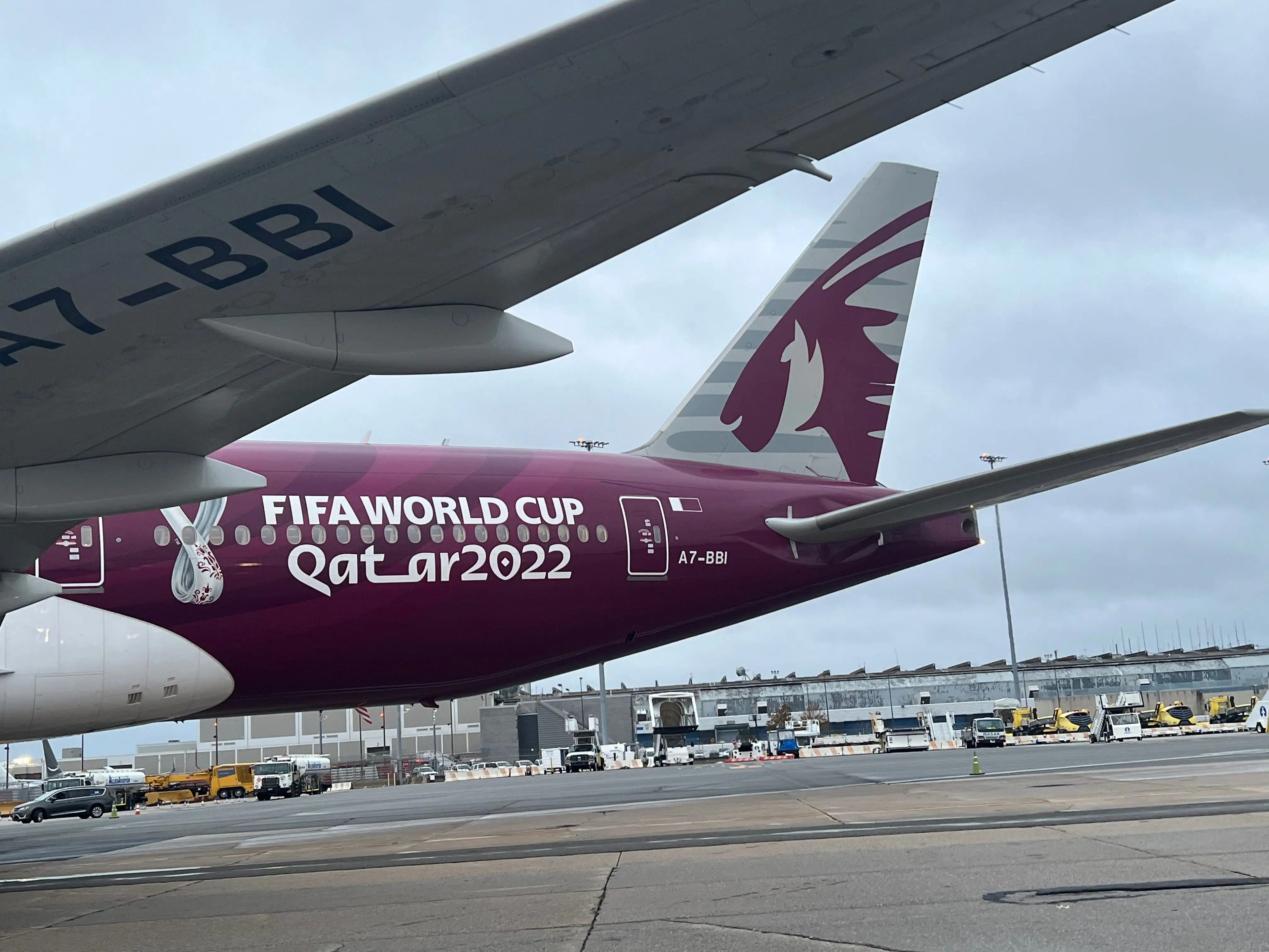 Qatar's special FIFA livery on its Boeing 777-200LR.