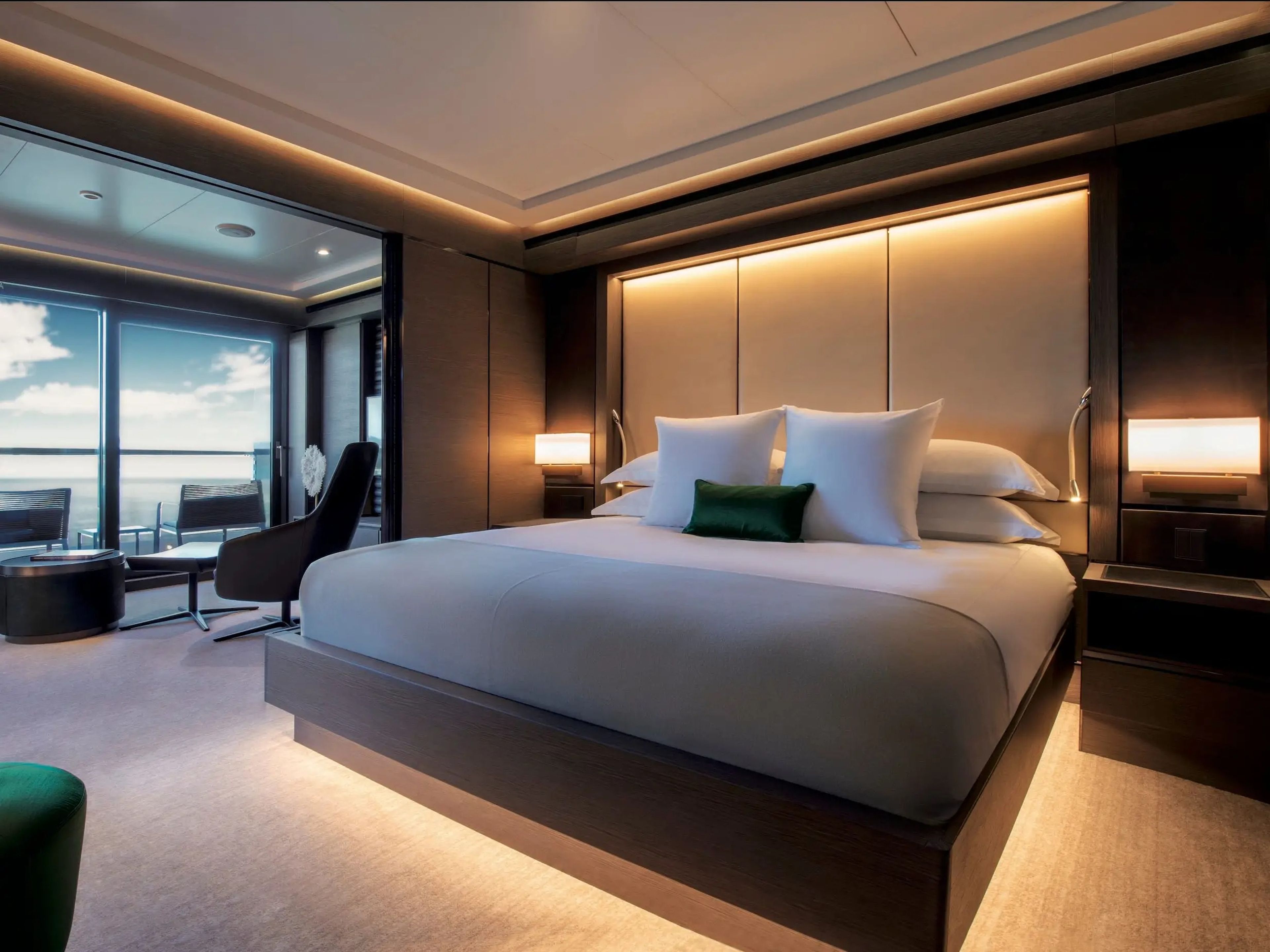A room aboard the Ritz-Carlton Yacht Collection's Evrima