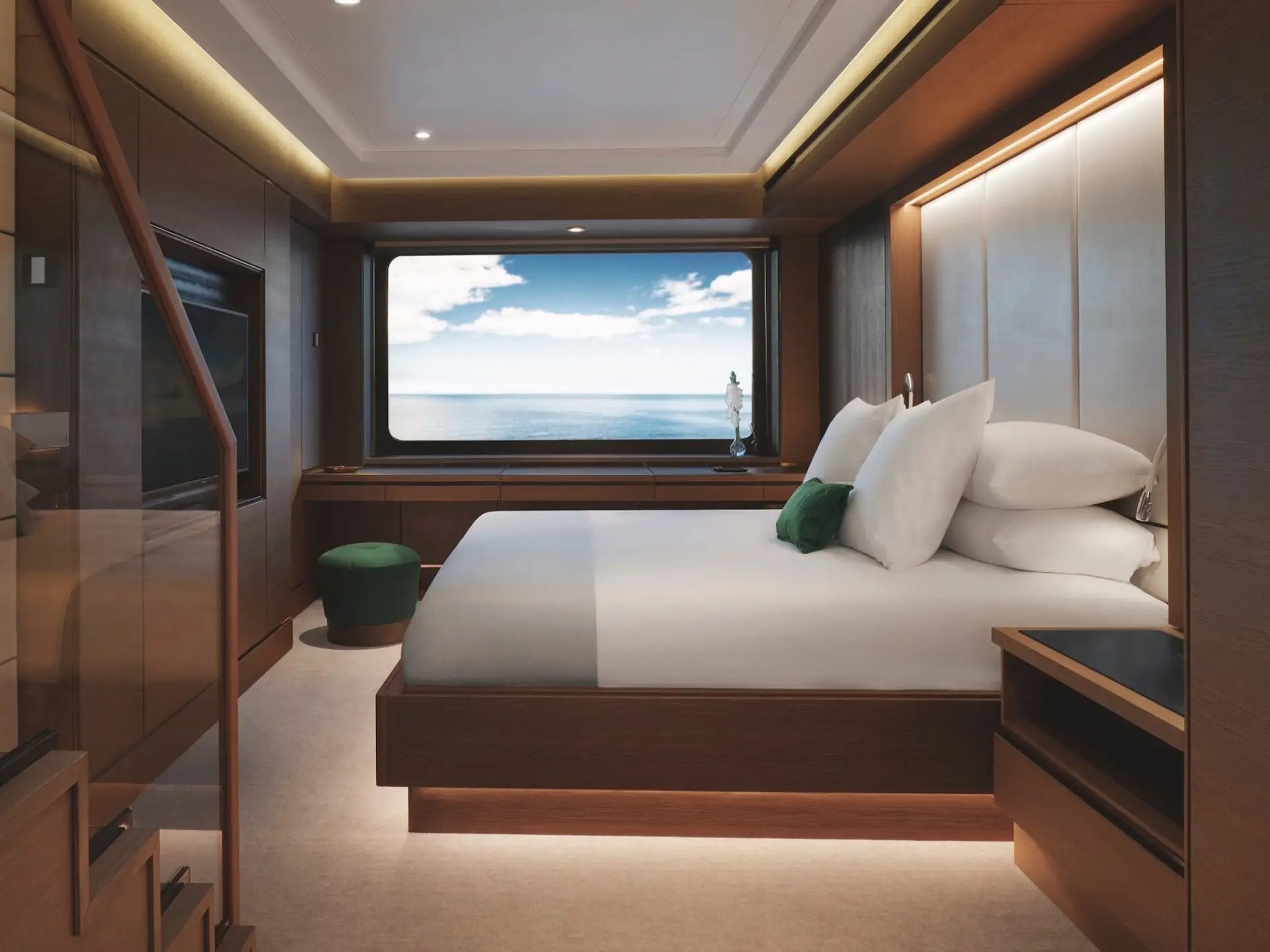 A room aboard the Ritz-Carlton Yacht Collection's Evrima