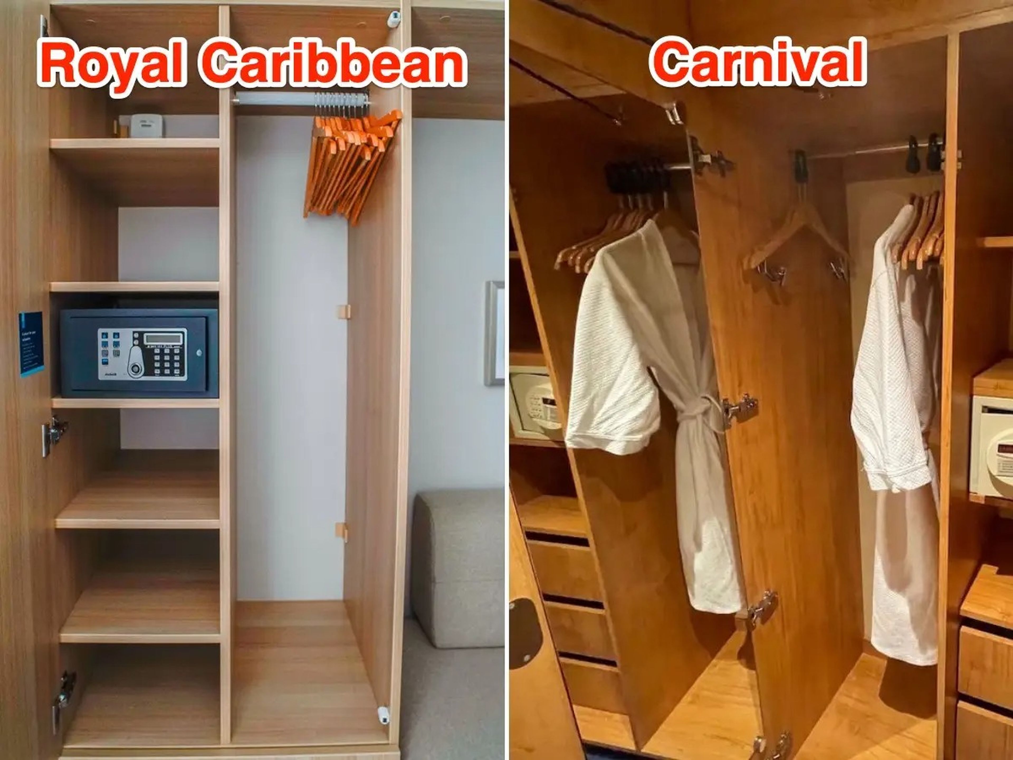 Interior de los armarios a bordo de los barcos Royal Caribbean (I) y Carnival (D).