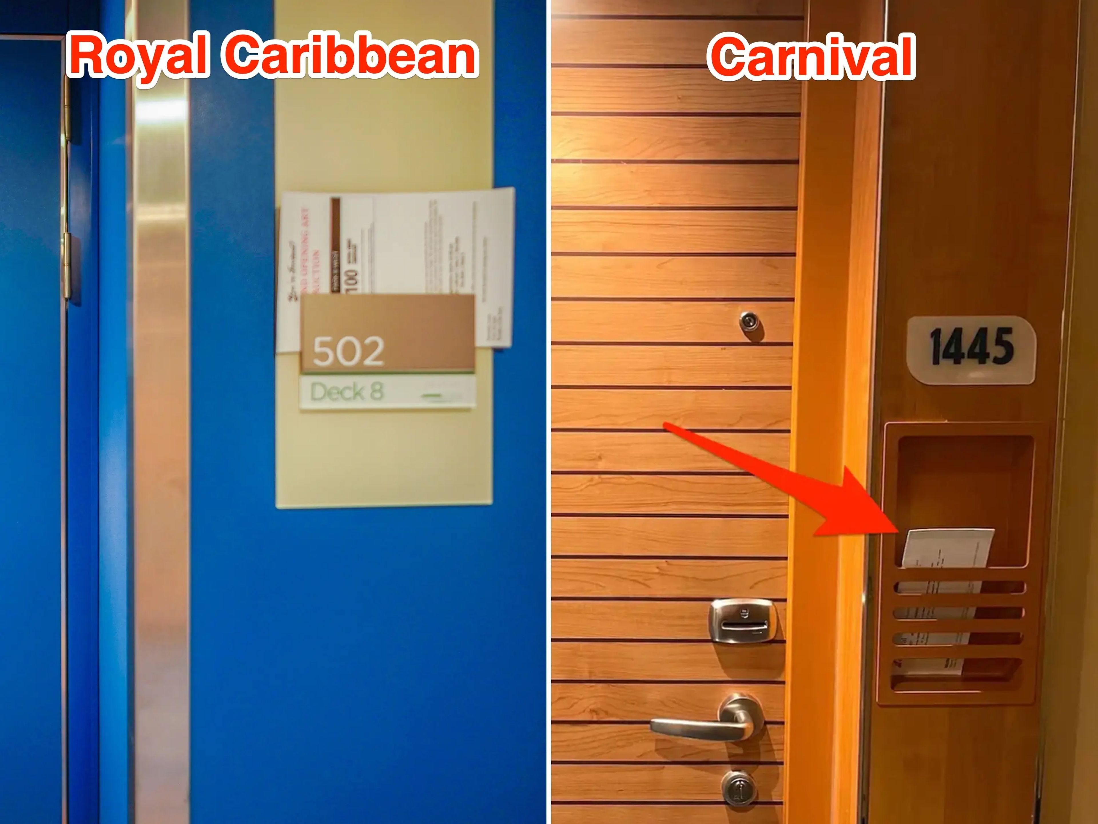 El exterior de las habitaciones de Royal Caribbean (I) y Carnival (D).