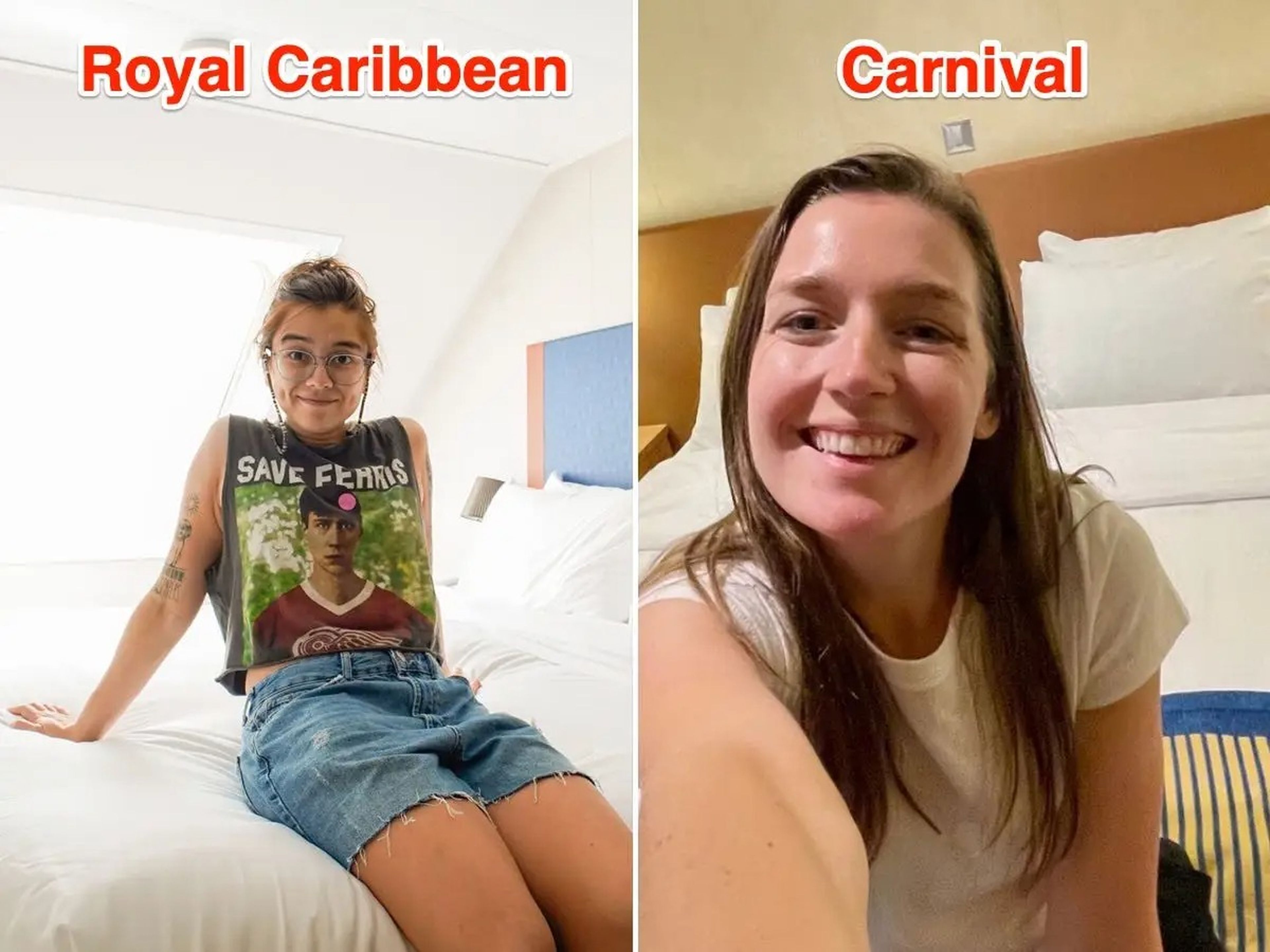 Side by side photos of Royal Caribbean (L) and Carnival (R) room selfies