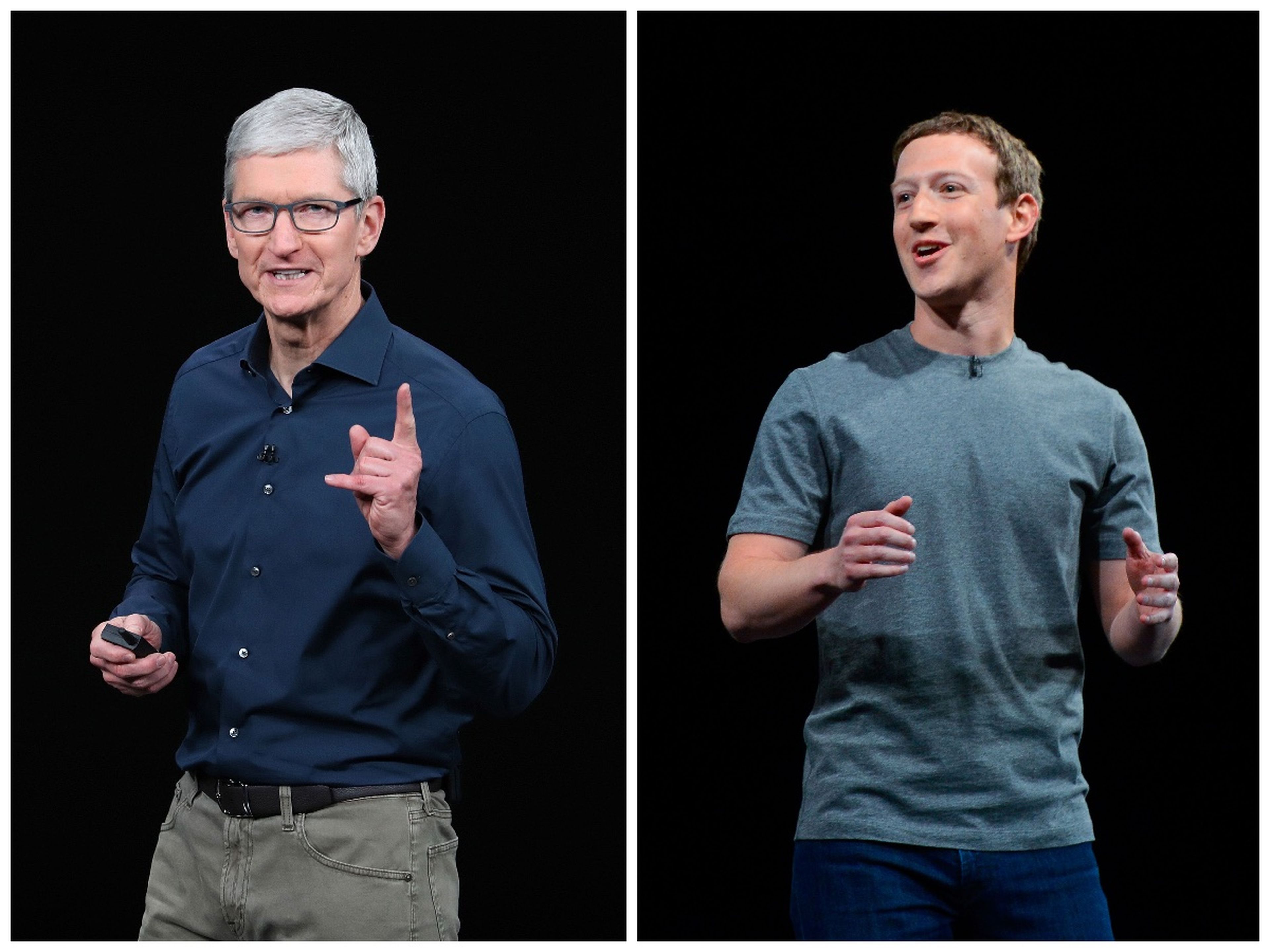 Tim Cook, CEO de Apple (izq.) y Mark Zuckerberg, CEO de Meta (dcha.).