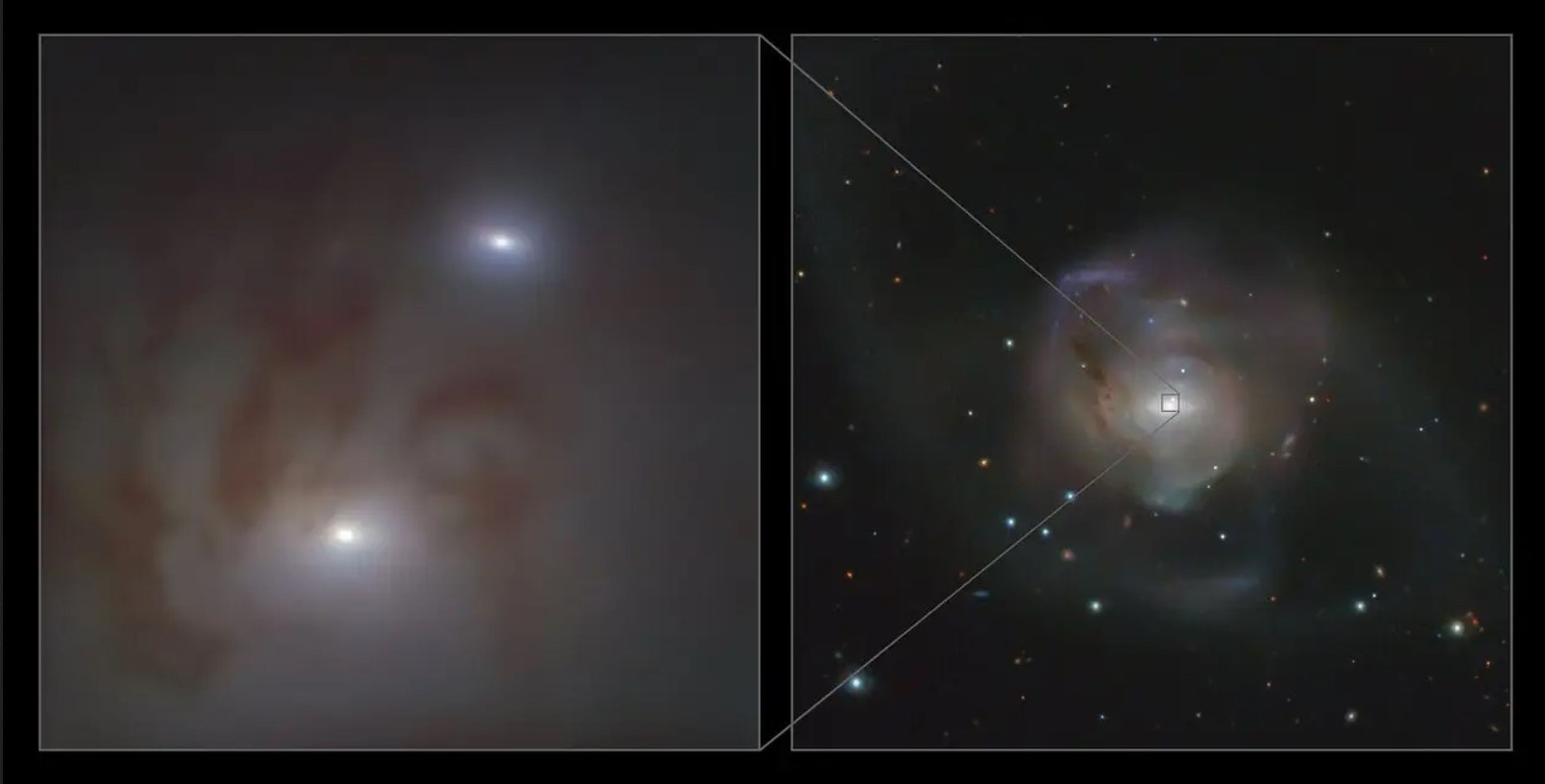 Primer plano (izquierda) y vista lejana (derecha) de los 2 núcleos galácticos brillantes, los cuales albergan un agujero negro supermasivo, en NGC 7727, una galaxia ubicada a 89 millones de años luz de la Tierra, en la constelación de Acuario.