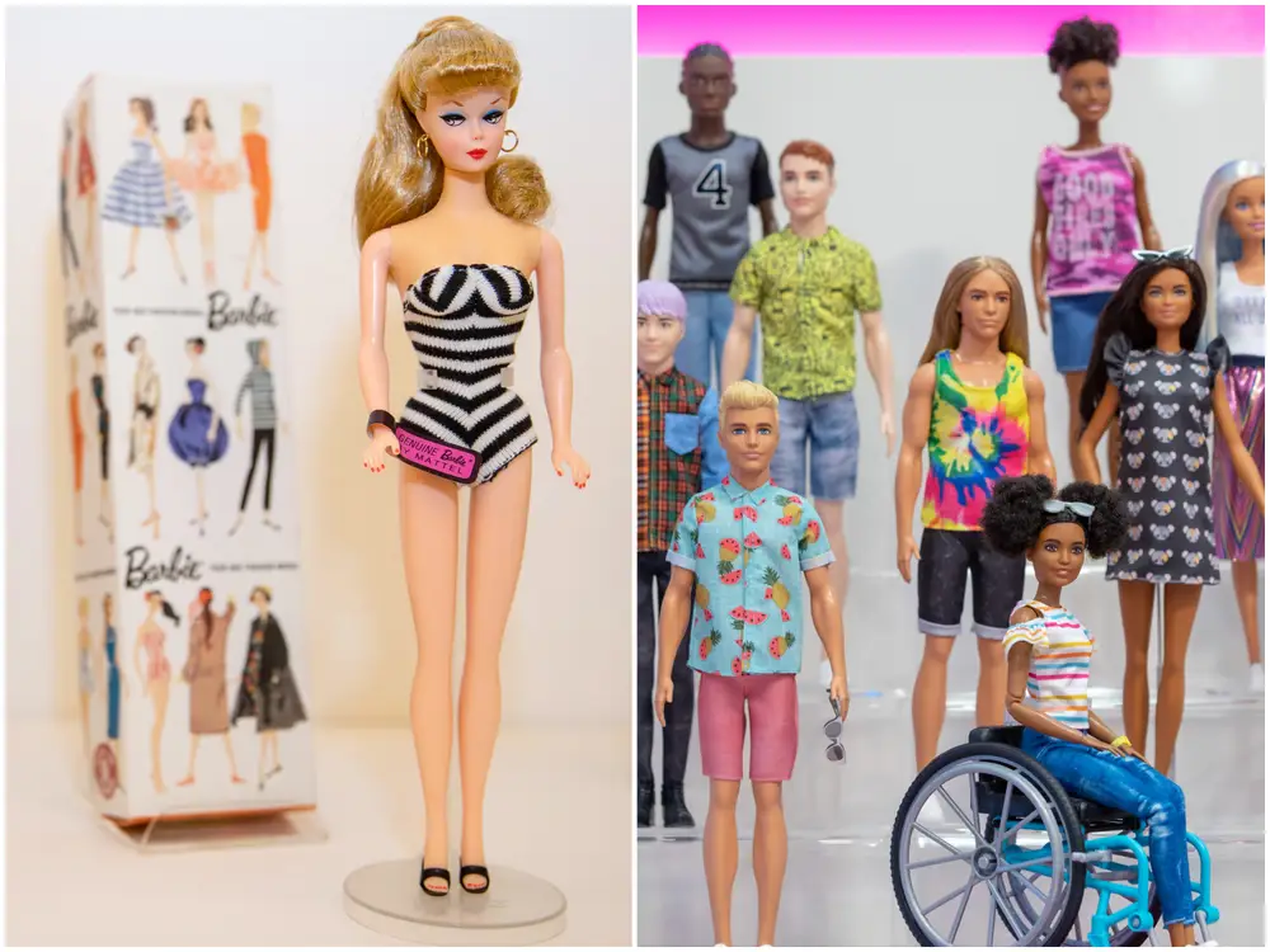 La primera muñeca Barbie fue lanzada por la compañía de juguetes Mattel en 1959. Las muñecas de ahora tienen distintos tonos de piel, diversidad corporal y género.